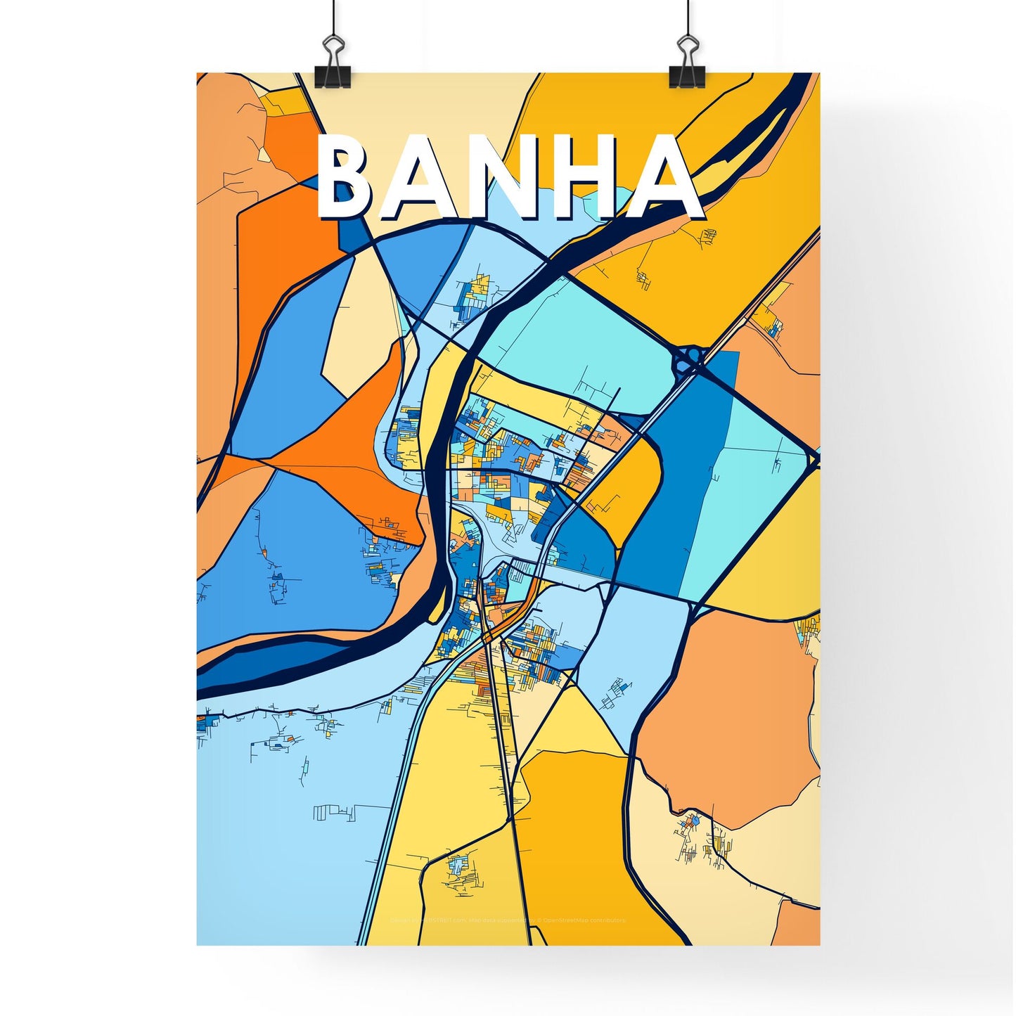 BANHA EGYPT Vibrant Colorful Art Map Poster Blue Orange