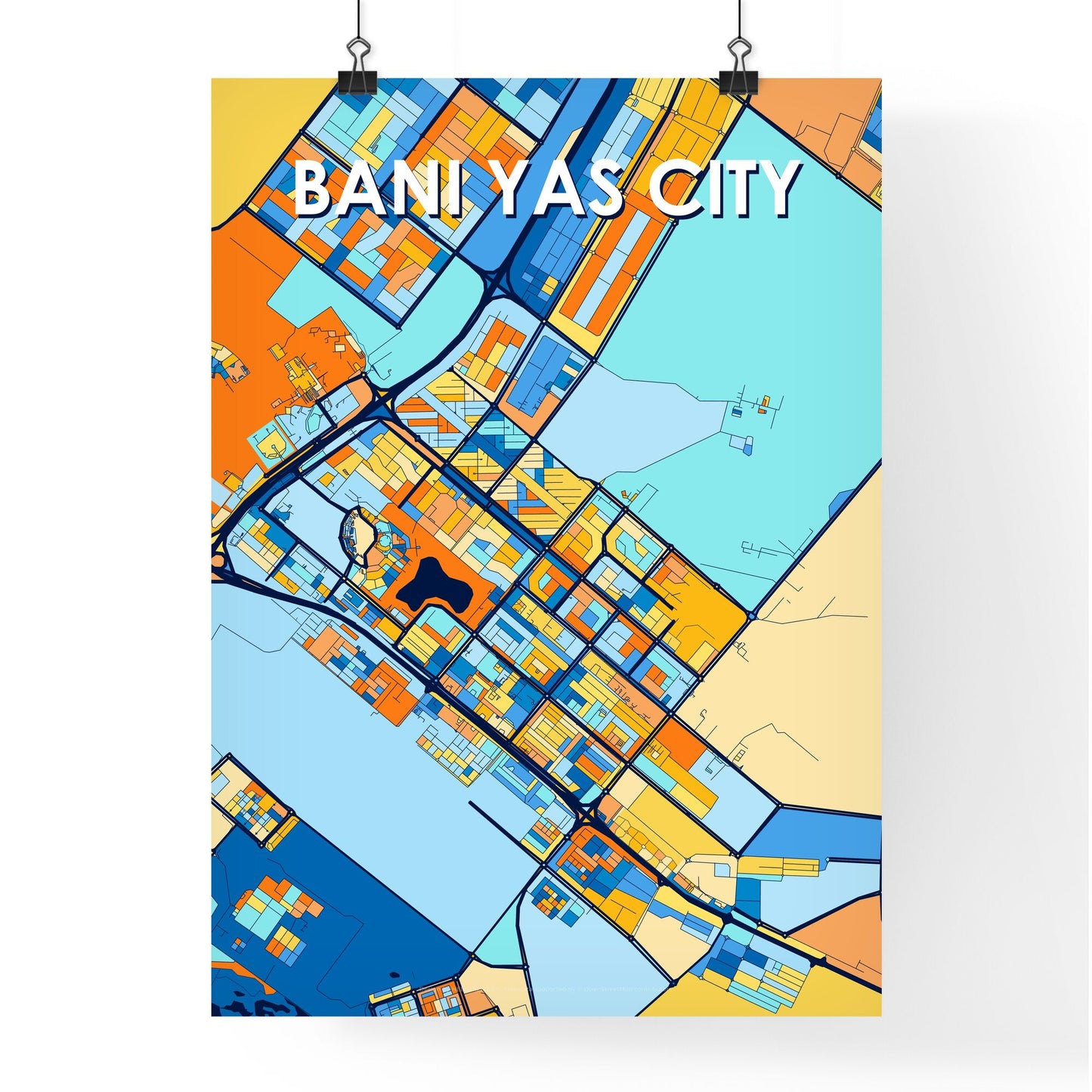 BANI YAS CITY UNITED ARAB EMIRATES Vibrant Colorful Art Map Poster Blue Orange