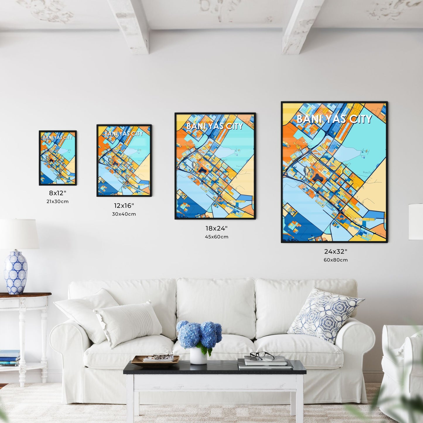 BANI YAS CITY UNITED ARAB EMIRATES Vibrant Colorful Art Map Poster Blue Orange