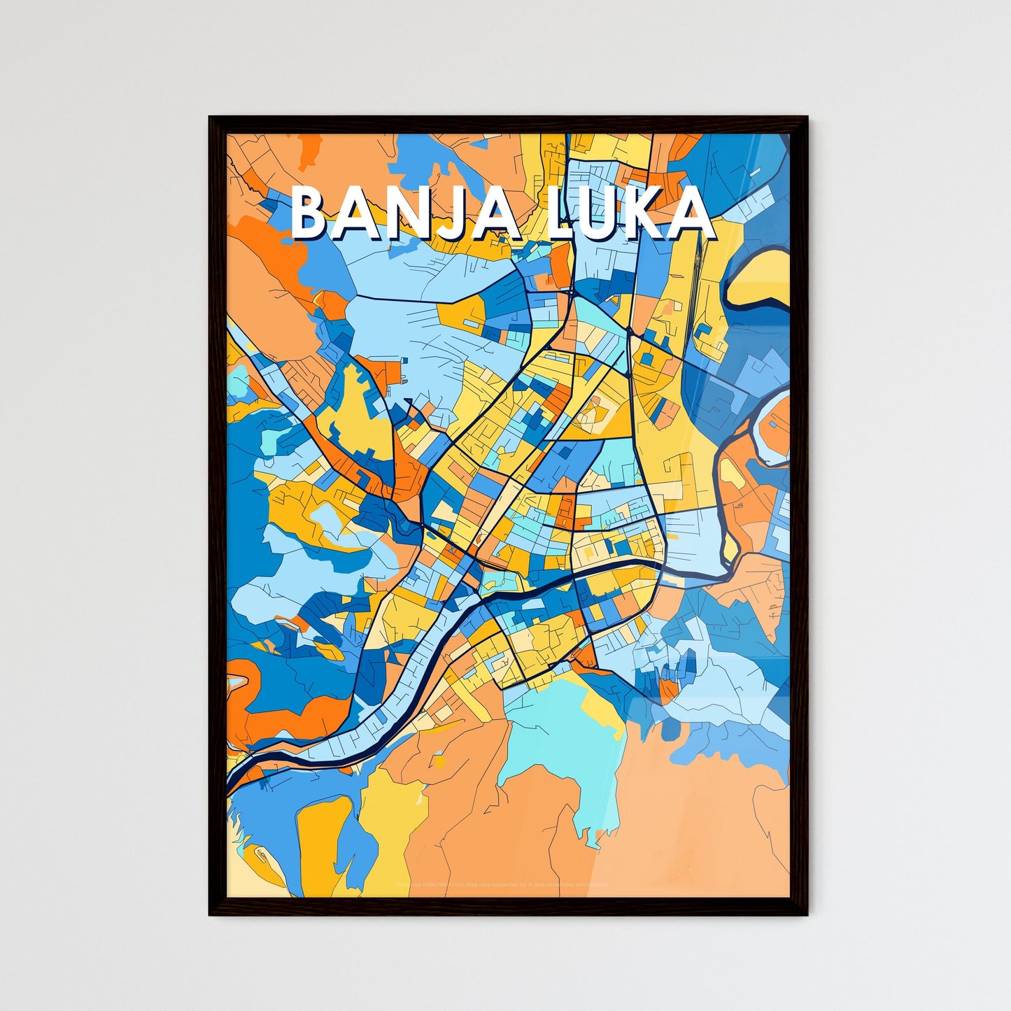 BANJA LUKA BOSNIA AND HERZEGOVINA Vibrant Colorful Art Map Poster Blue Orange