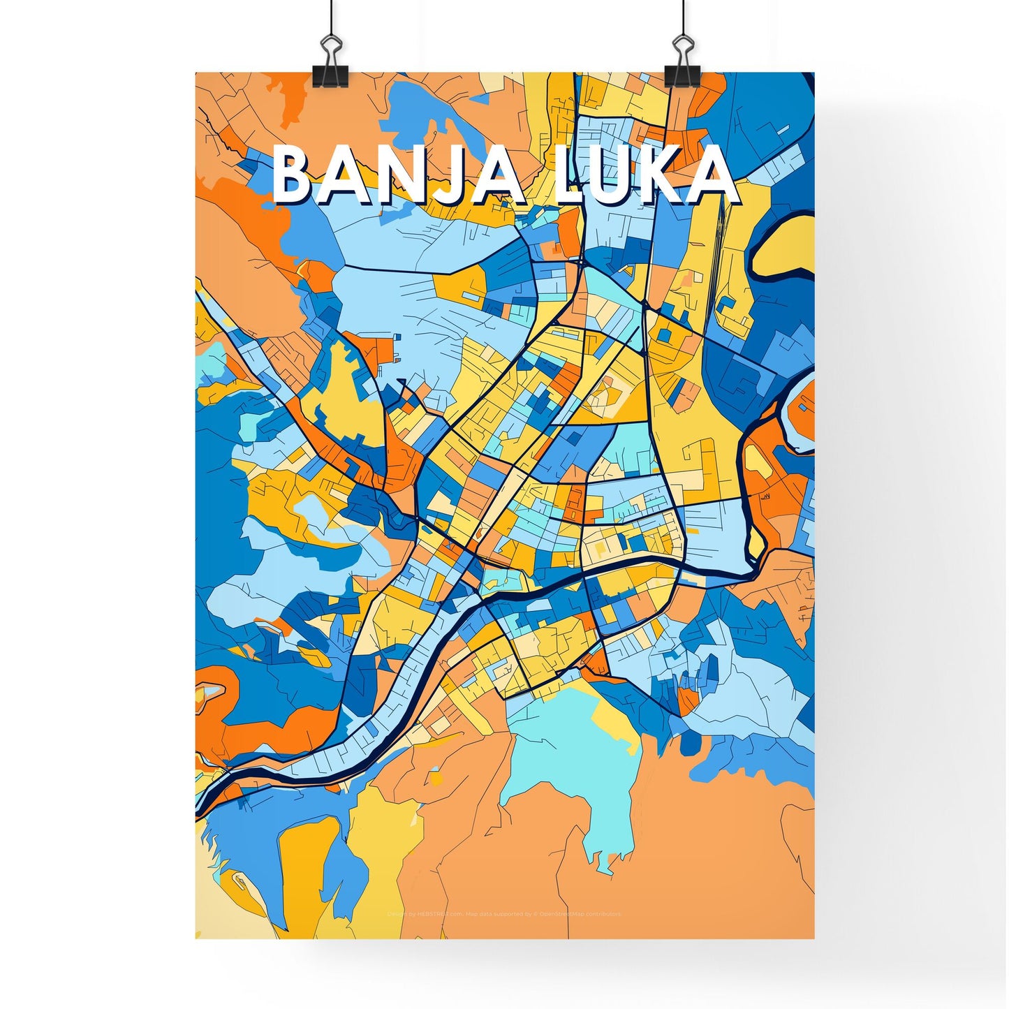 BANJA LUKA BOSNIA AND HERZEGOVINA Vibrant Colorful Art Map Poster Blue Orange