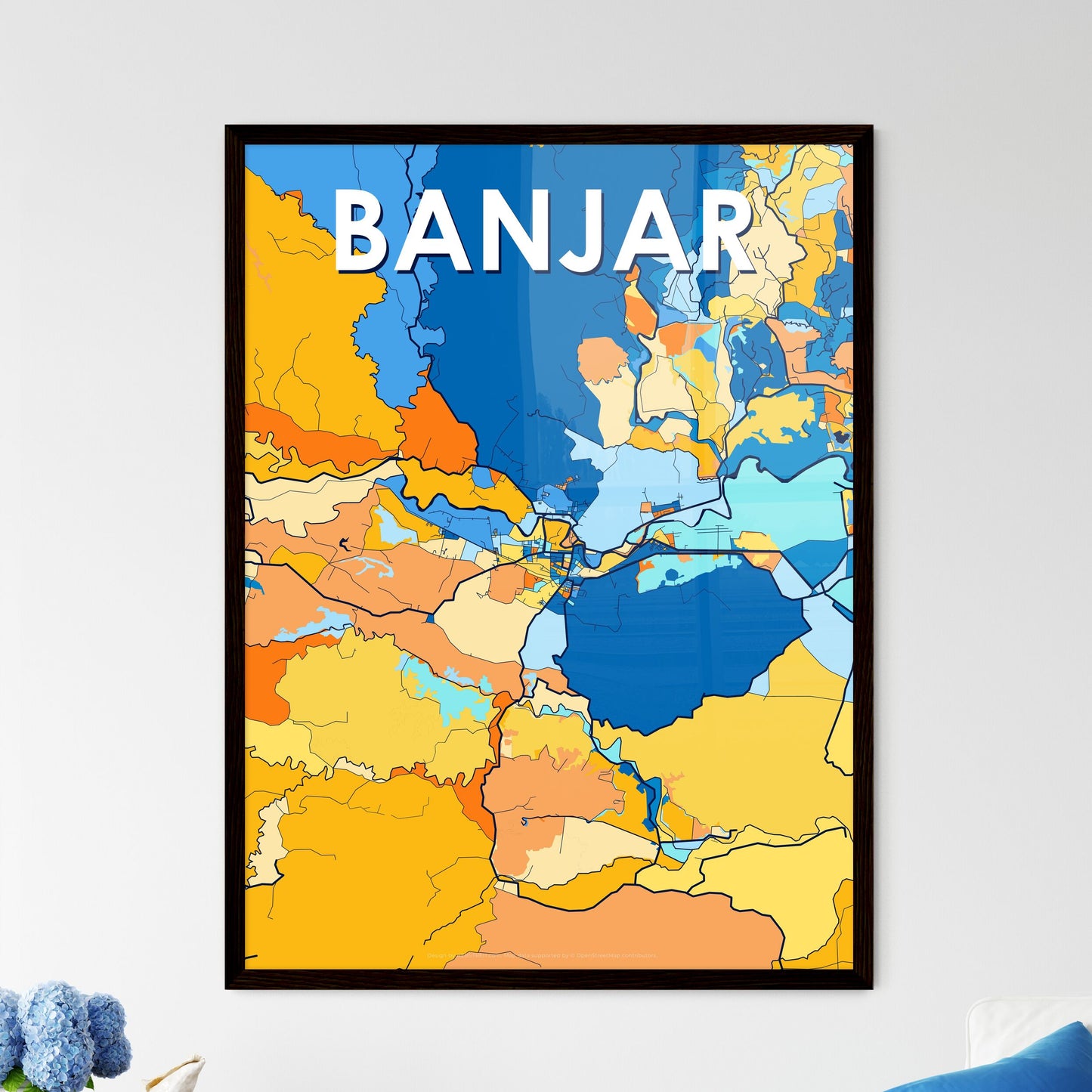 BANJAR INDONESIA Vibrant Colorful Art Map Poster Blue Orange