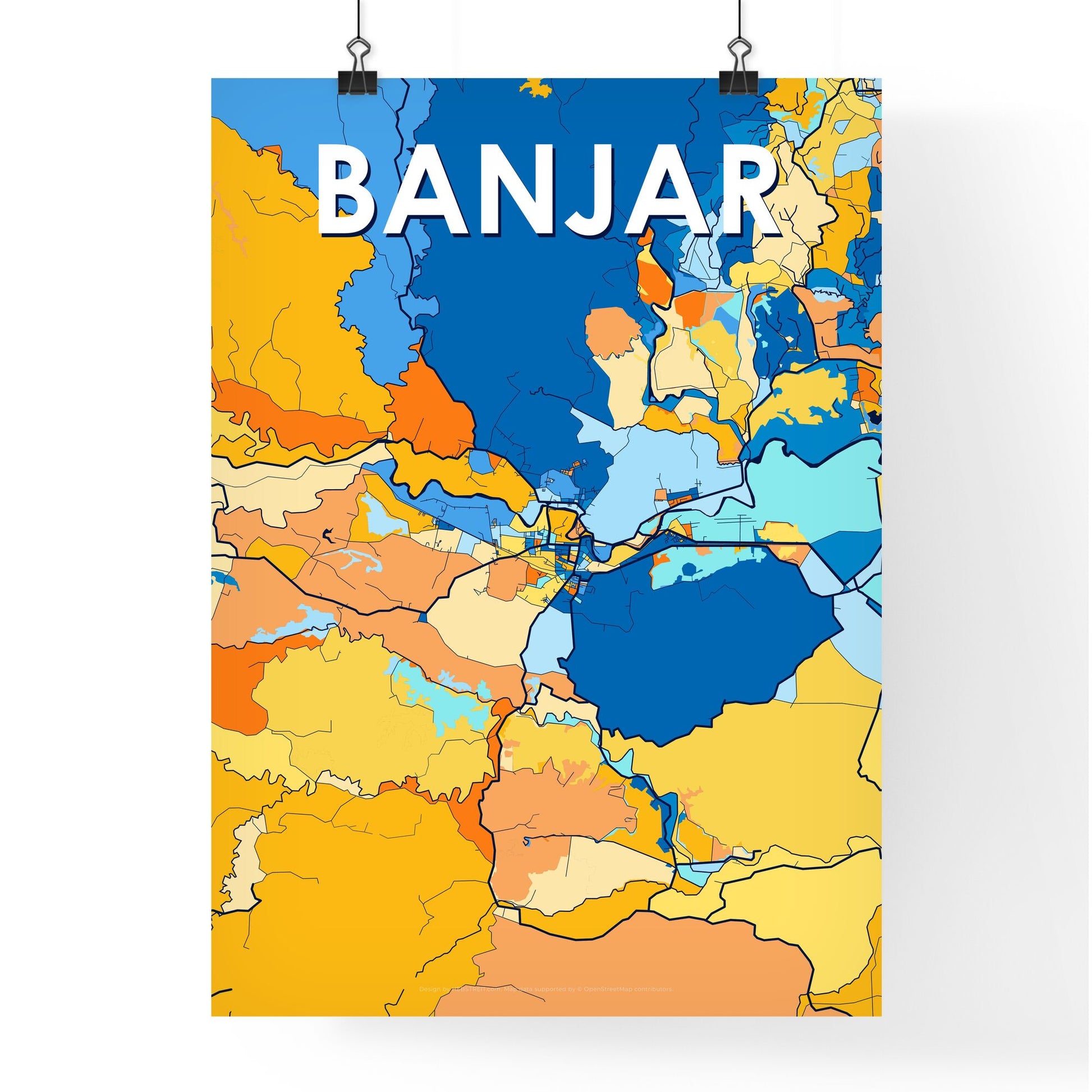 BANJAR INDONESIA Vibrant Colorful Art Map Poster Blue Orange