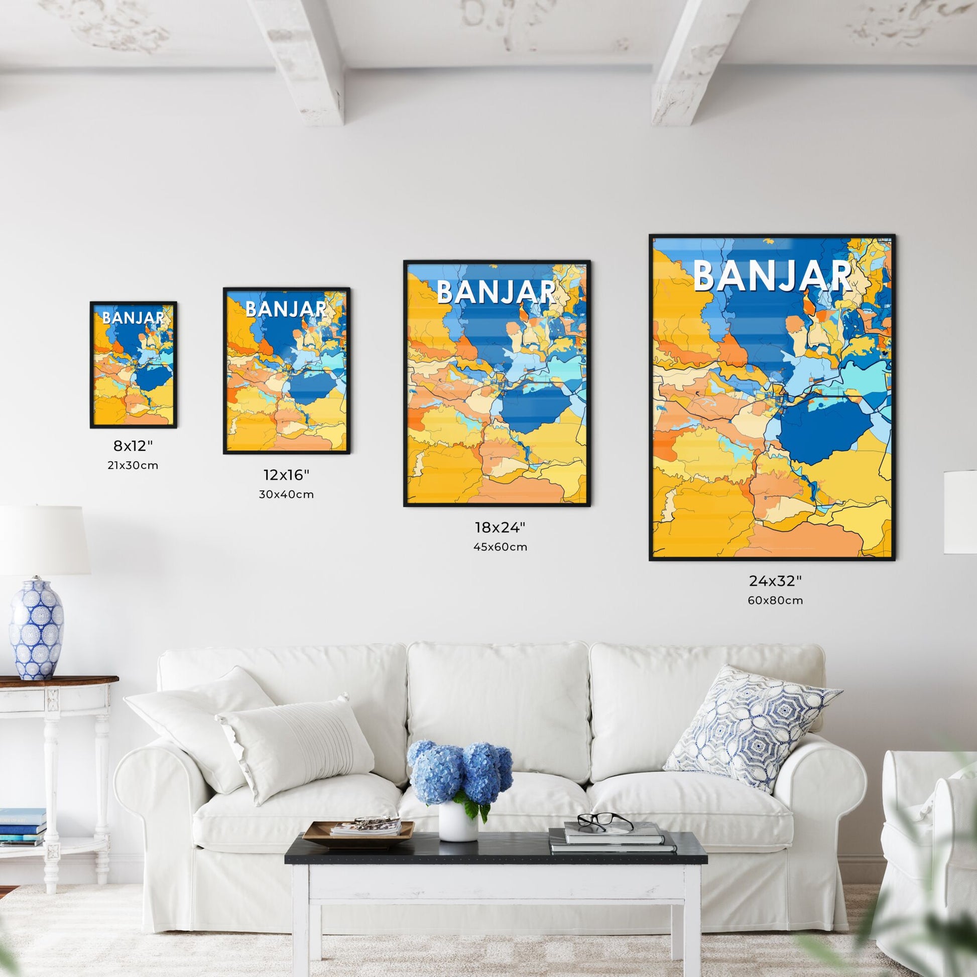 BANJAR INDONESIA Vibrant Colorful Art Map Poster Blue Orange