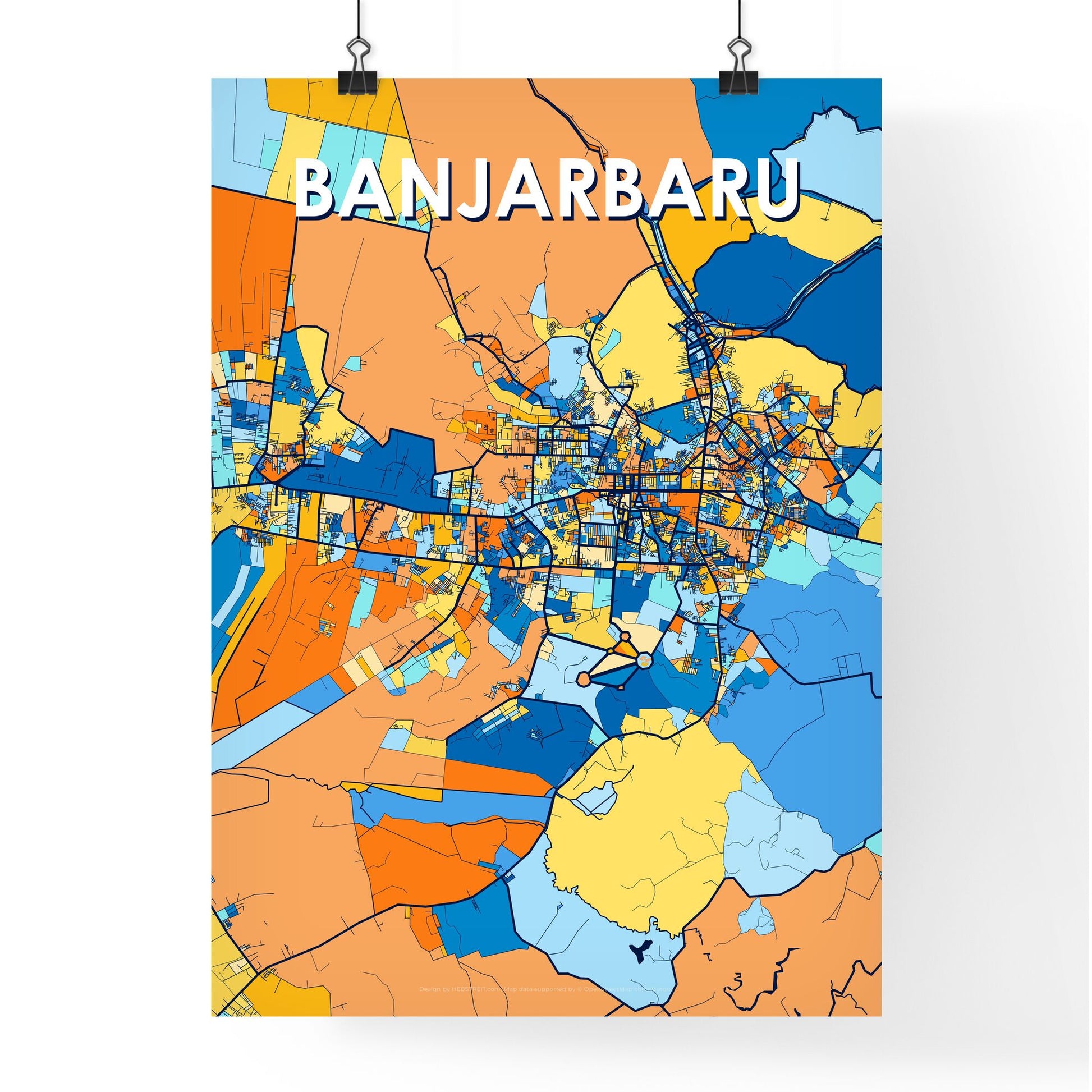 BANJARBARU INDONESIA Vibrant Colorful Art Map Poster Blue Orange