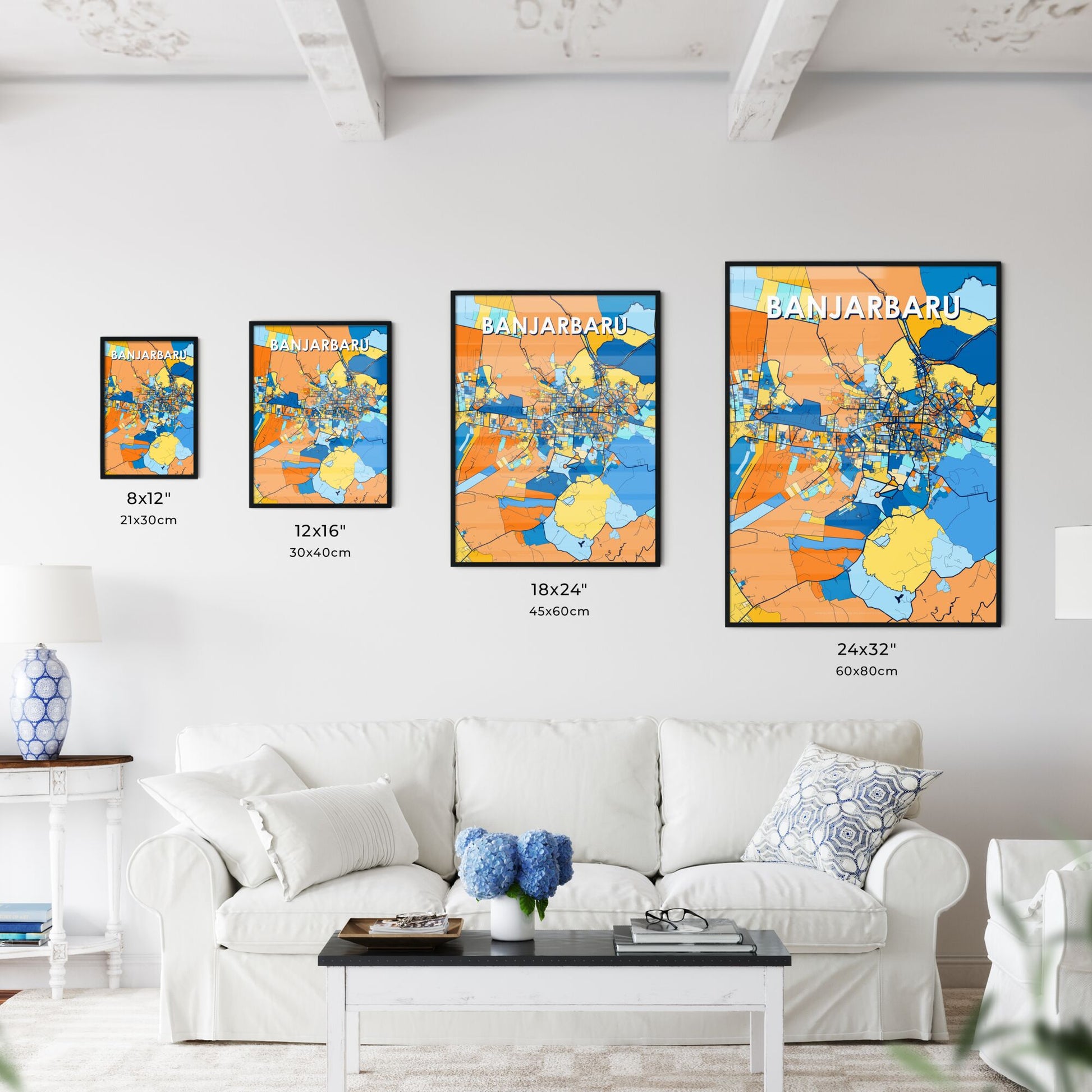 BANJARBARU INDONESIA Vibrant Colorful Art Map Poster Blue Orange