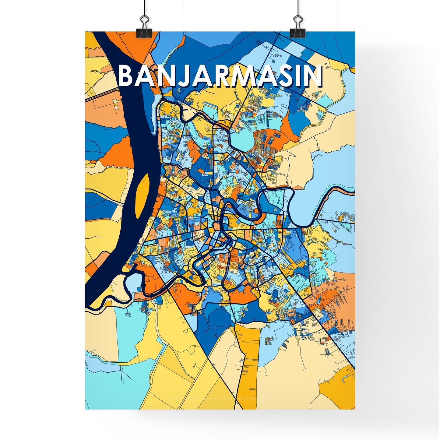 BANJARMASIN INDONESIA Vibrant Colorful Art Map Poster Blue Orange