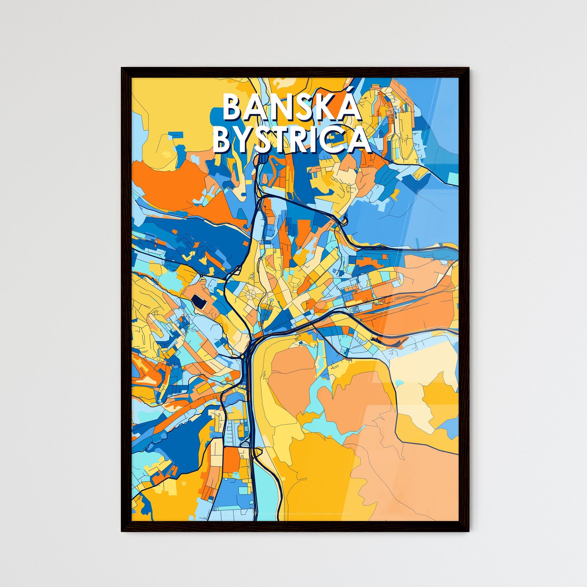 BANSKÁ BYSTRICA SLOVAKIA Vibrant Colorful Art Map Poster Blue Orange