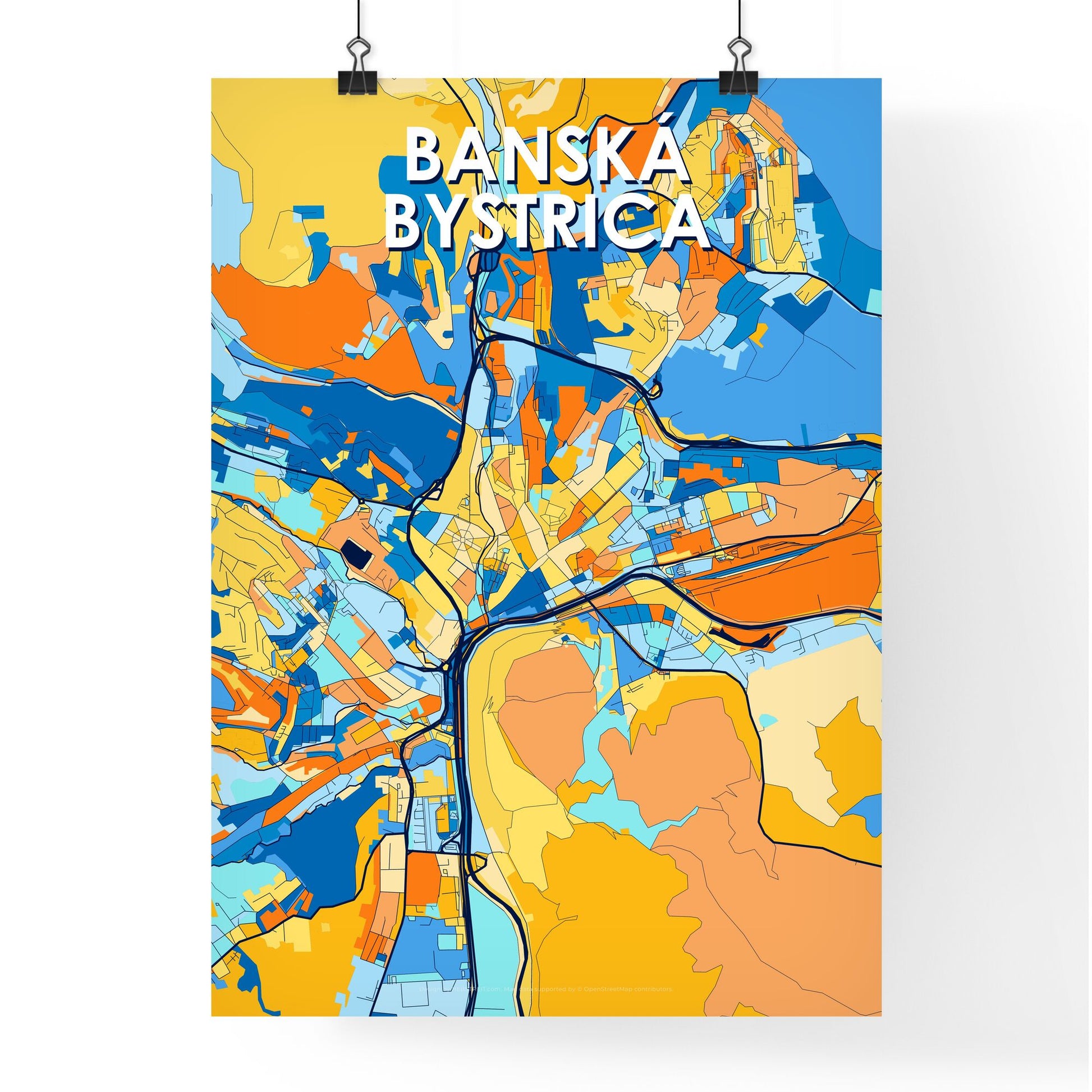 BANSKÁ BYSTRICA SLOVAKIA Vibrant Colorful Art Map Poster Blue Orange