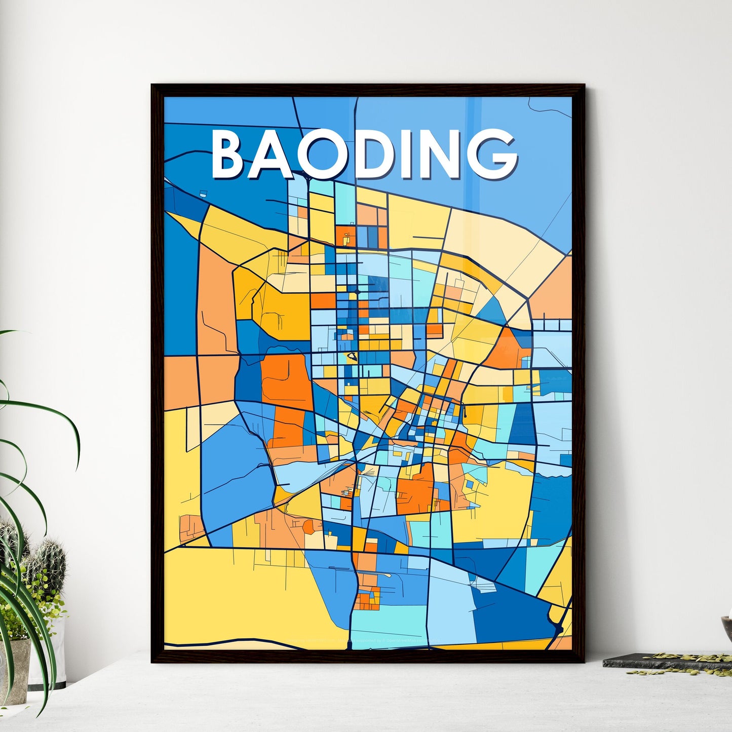 BAODING CHINA Vibrant Colorful Art Map Poster Blue Orange