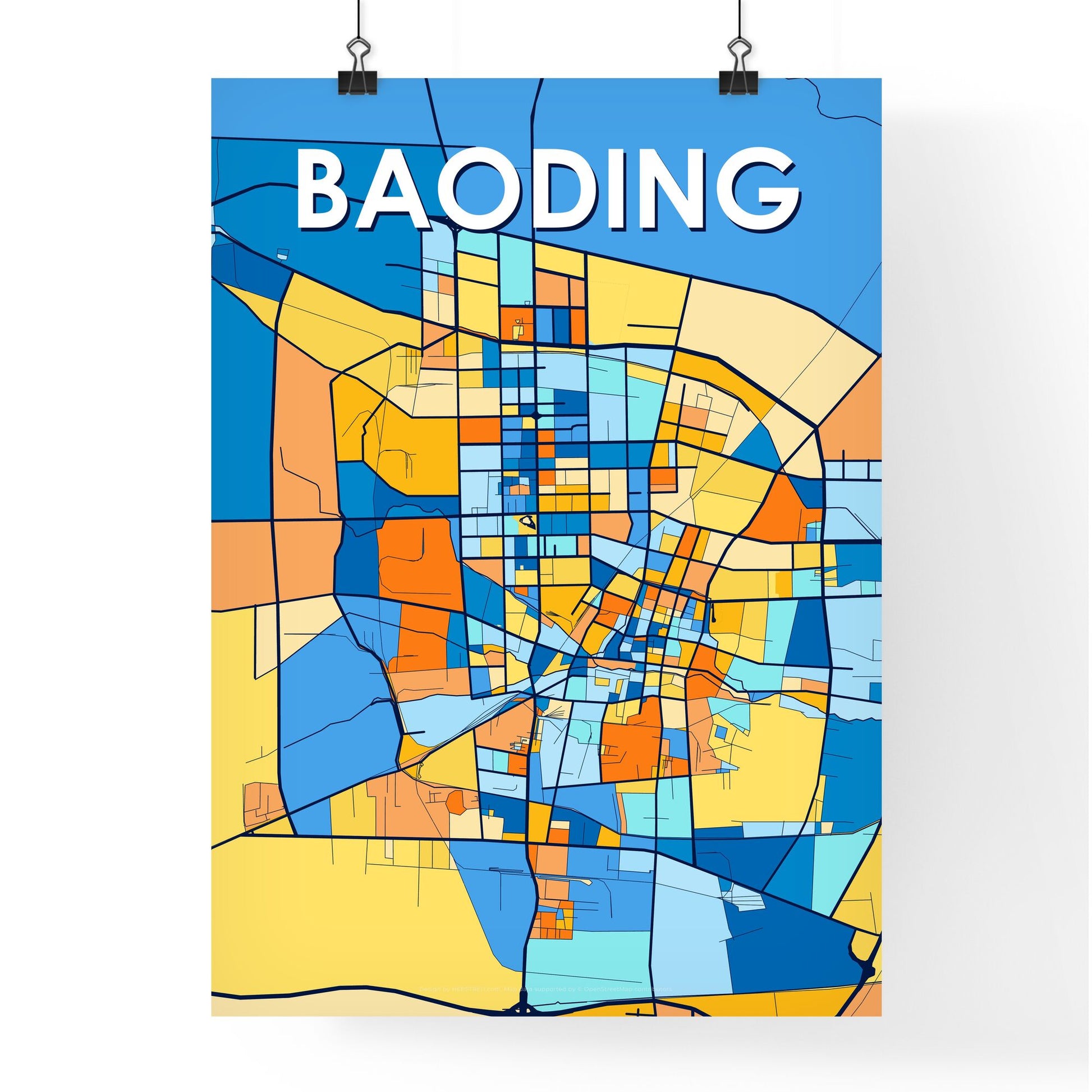 BAODING CHINA Vibrant Colorful Art Map Poster Blue Orange