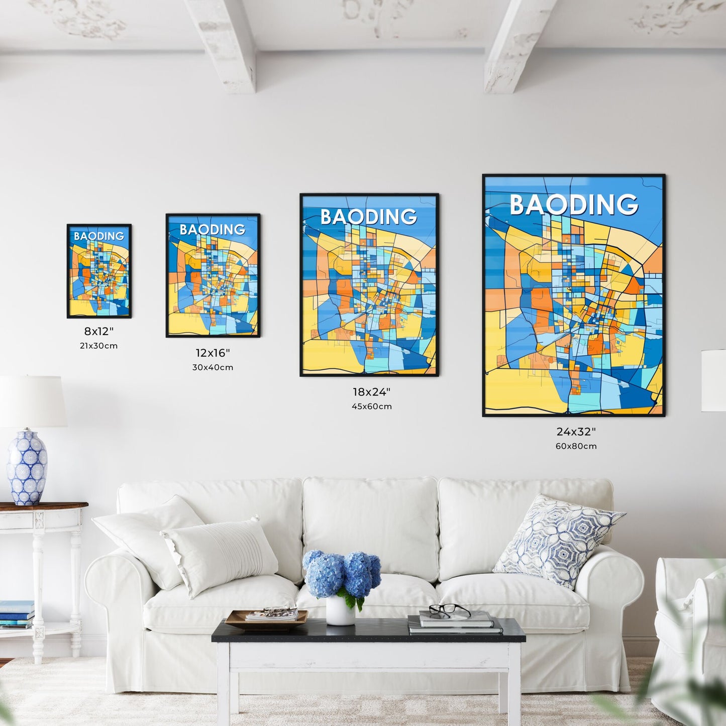 BAODING CHINA Vibrant Colorful Art Map Poster Blue Orange