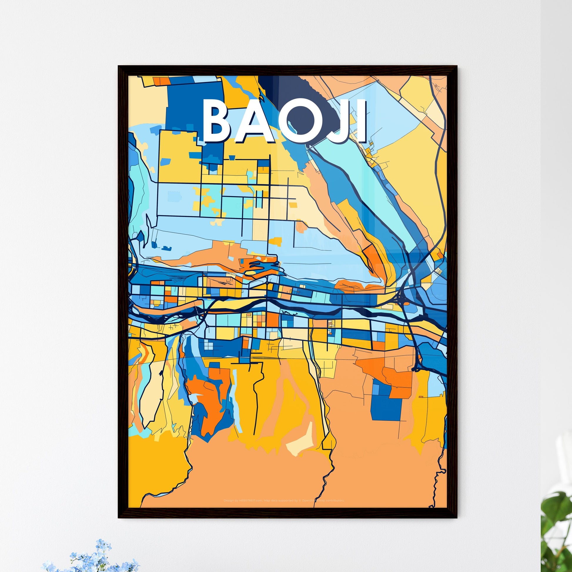 BAOJI CHINA Vibrant Colorful Art Map Poster Blue Orange