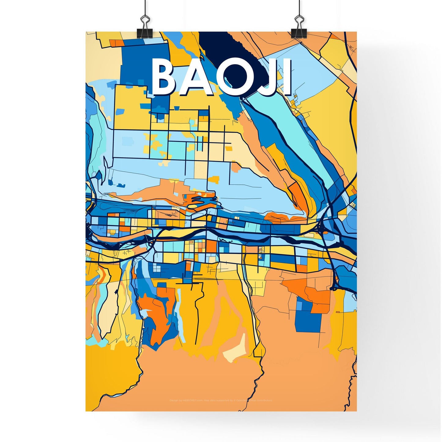 BAOJI CHINA Vibrant Colorful Art Map Poster Blue Orange