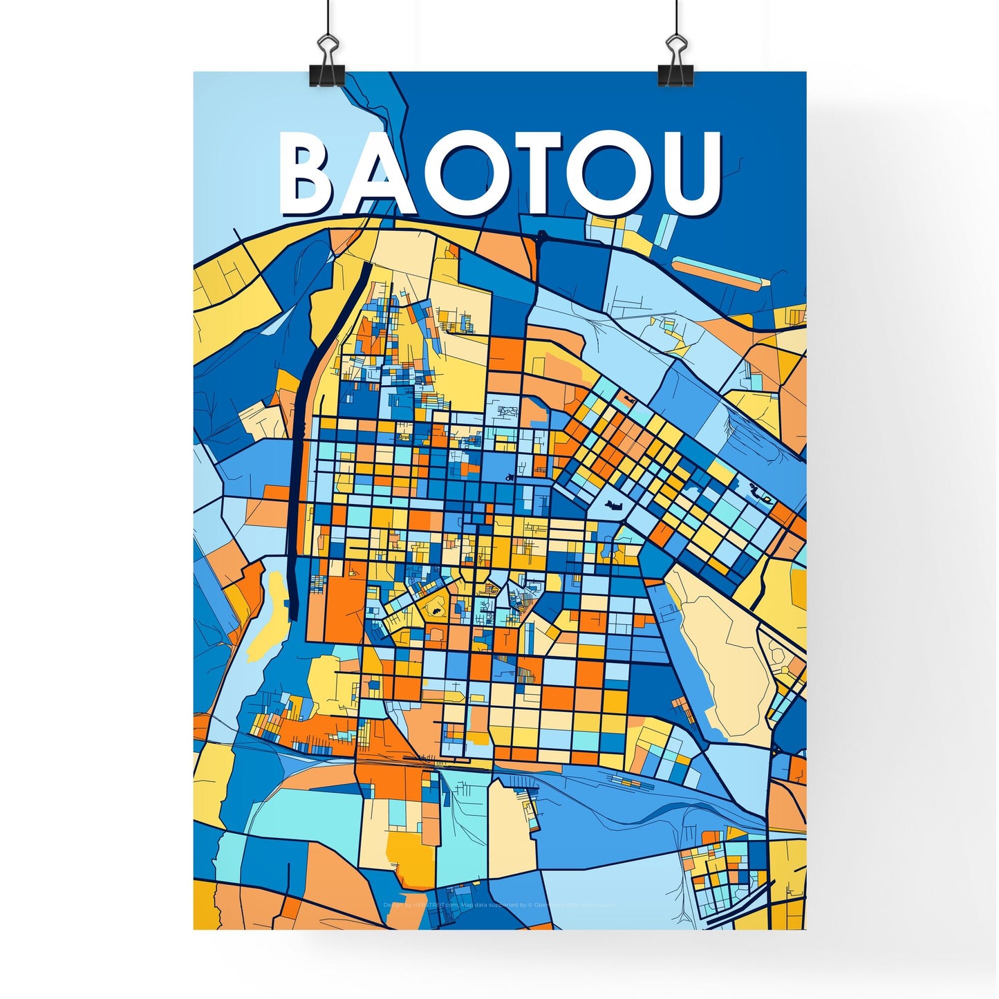 BAOTOU CHINA Vibrant Colorful Art Map Poster Blue Orange