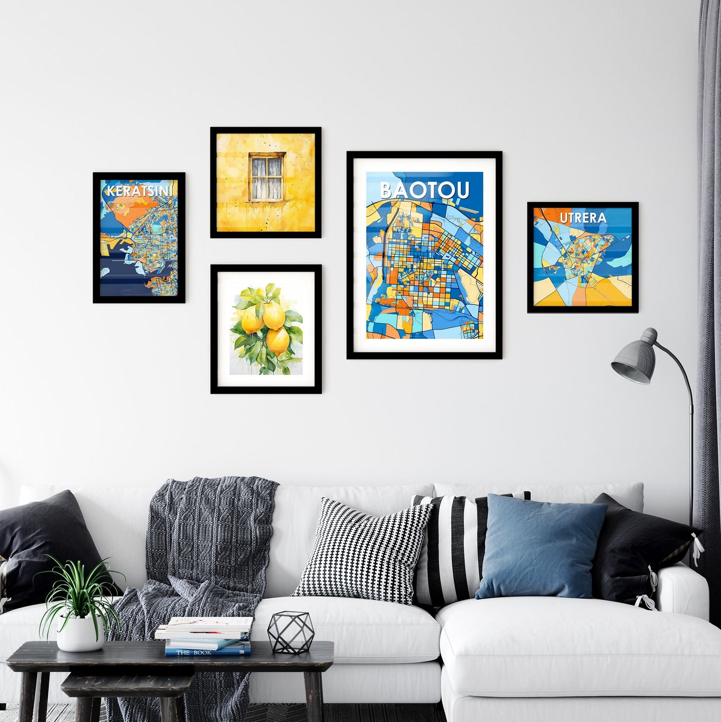 BAOTOU CHINA Vibrant Colorful Art Map Poster Blue Orange