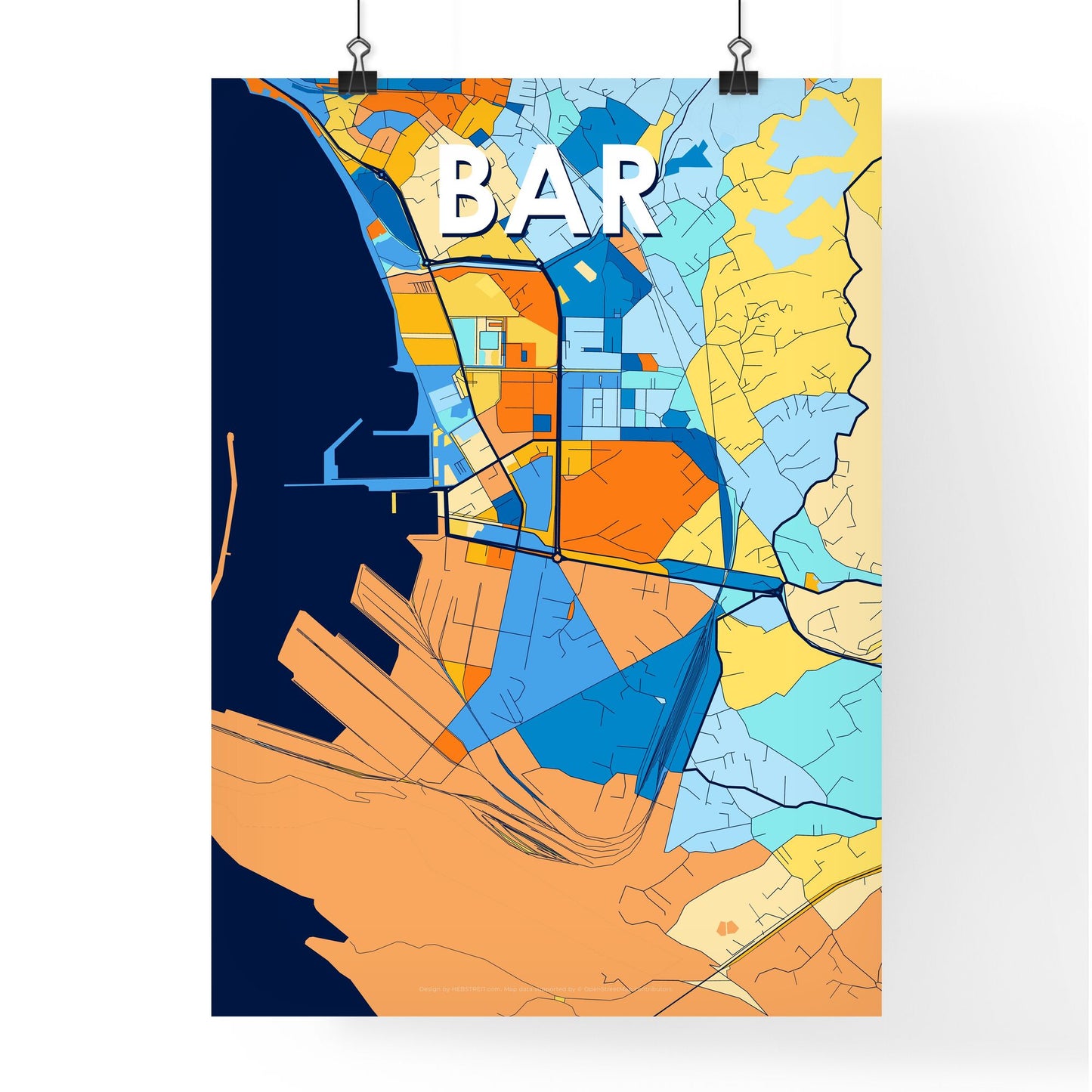 BAR MONTENEGRO Vibrant Colorful Art Map Poster Blue Orange