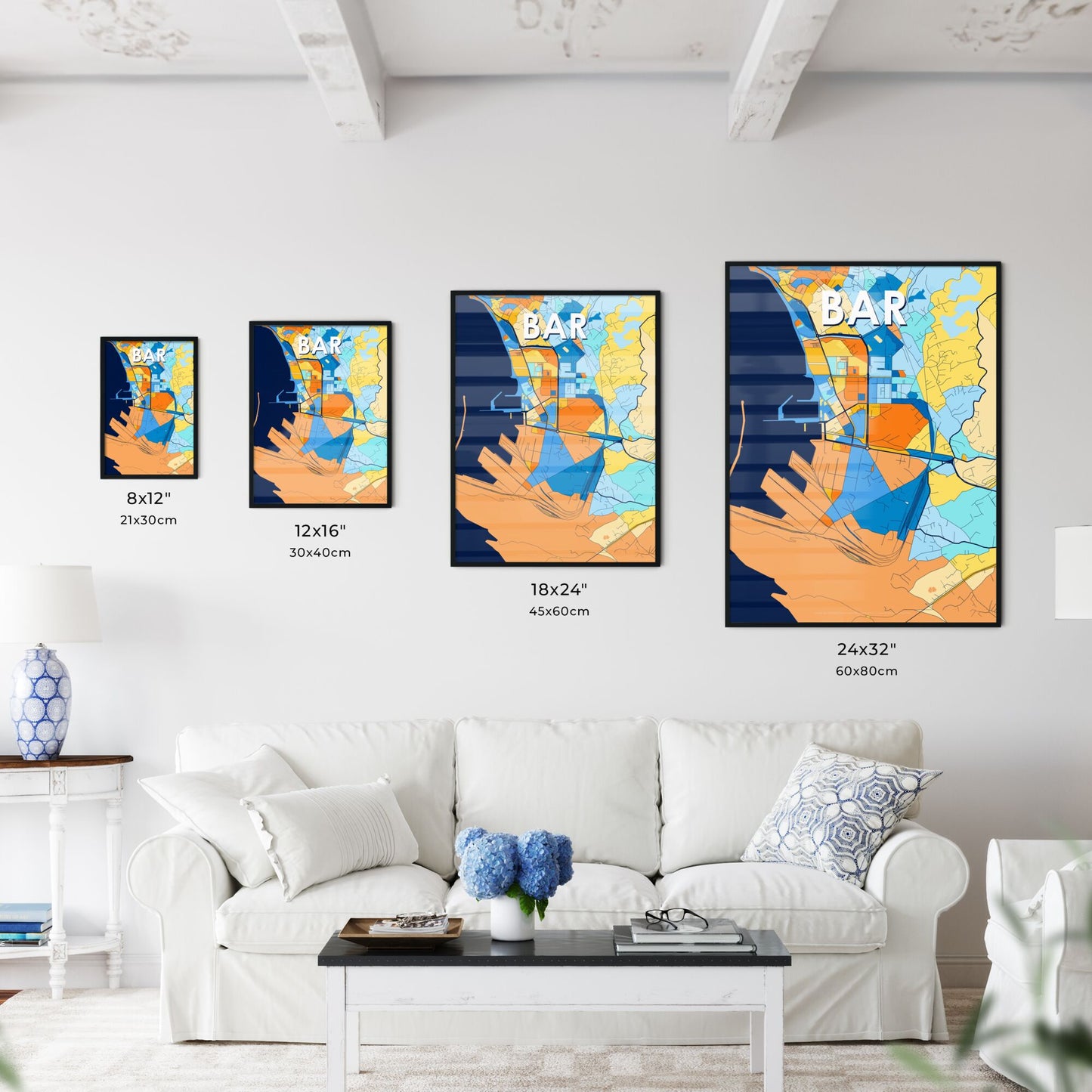 BAR MONTENEGRO Vibrant Colorful Art Map Poster Blue Orange