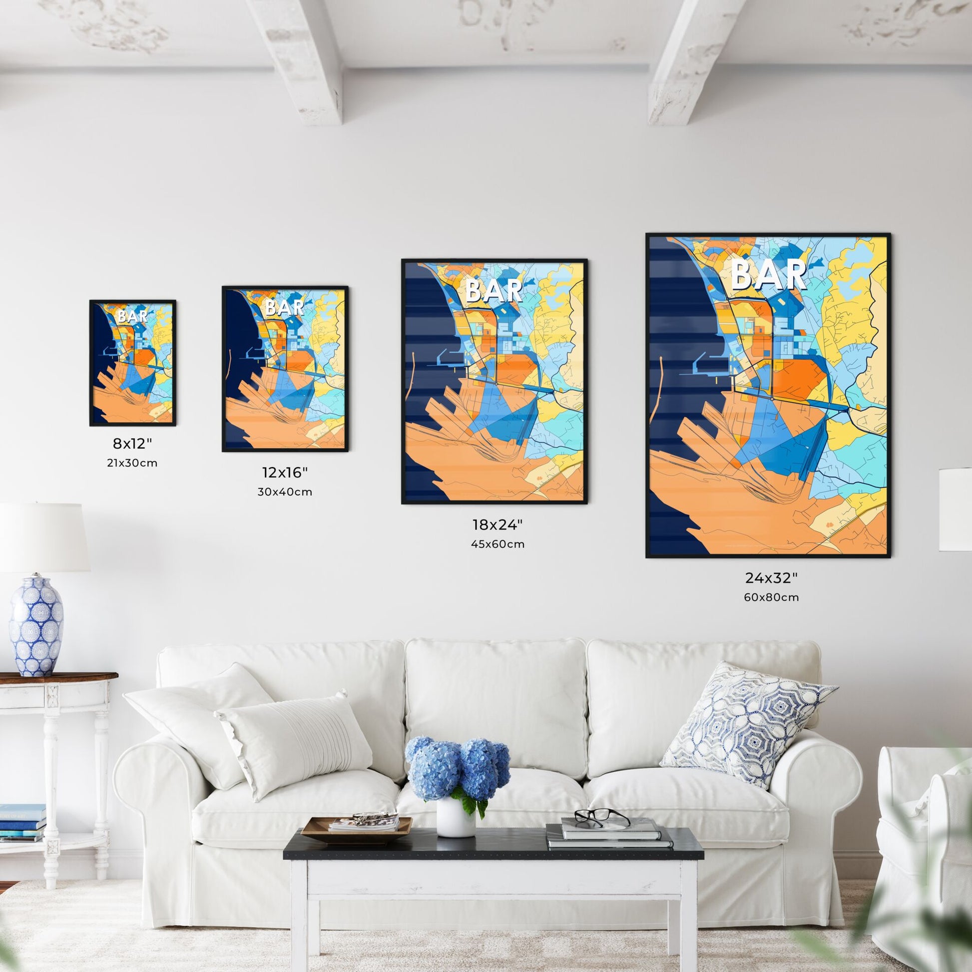 BAR MONTENEGRO Vibrant Colorful Art Map Poster Blue Orange