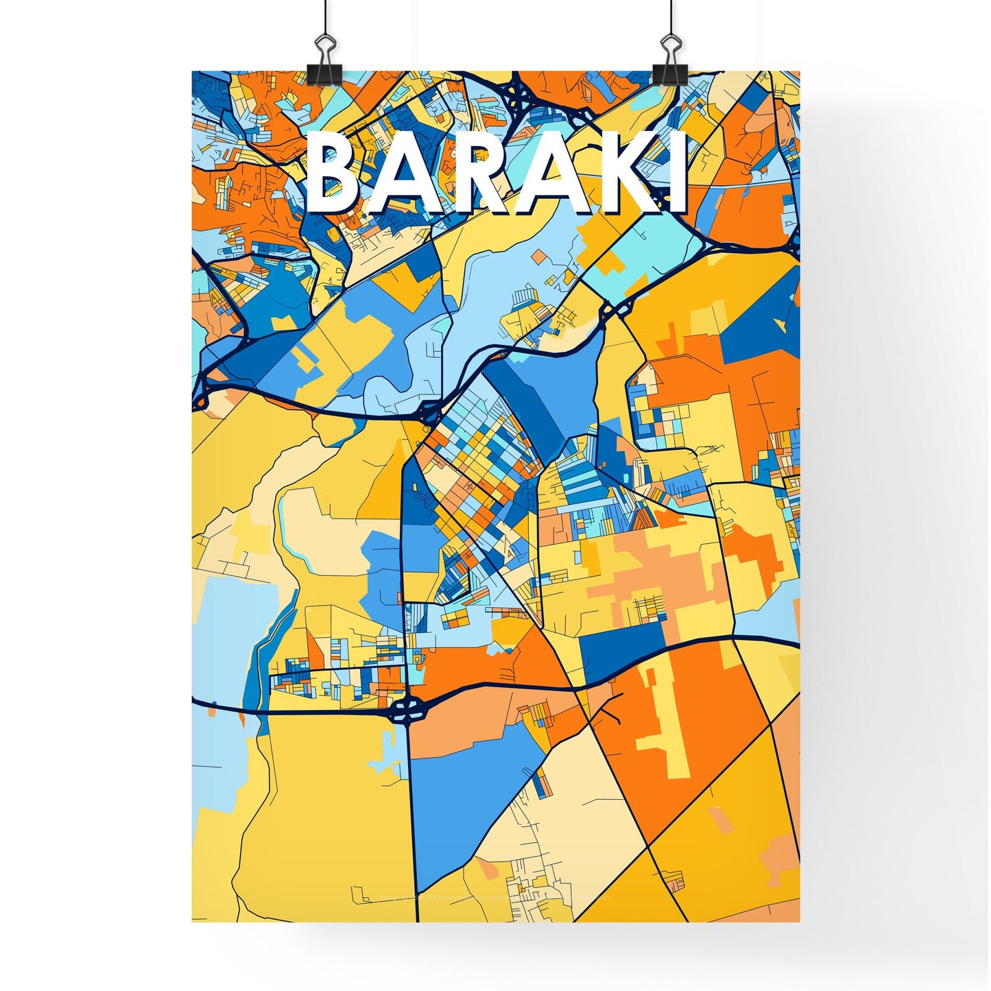 BARAKI ALGERIA Vibrant Colorful Art Map Poster Blue Orange