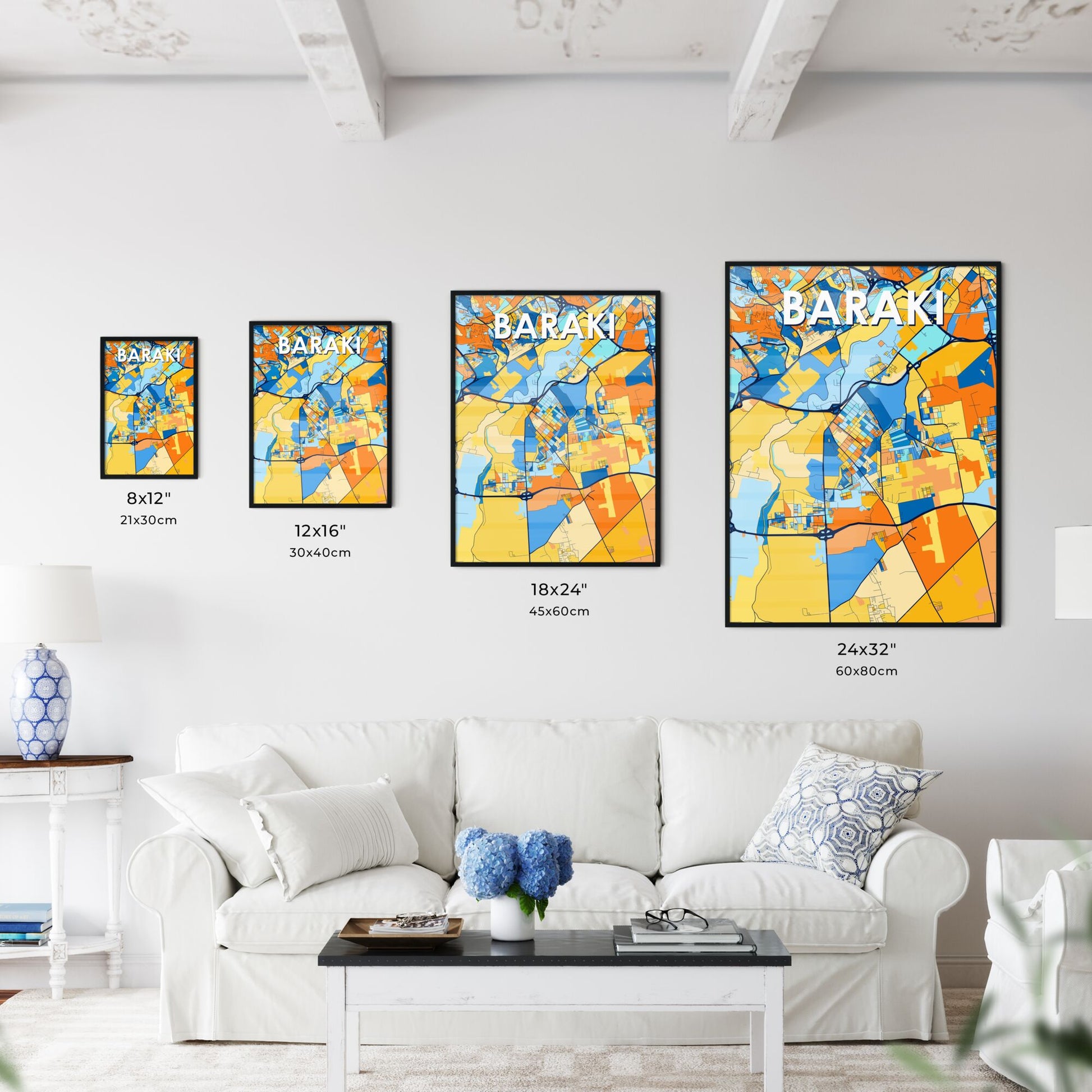 BARAKI ALGERIA Vibrant Colorful Art Map Poster Blue Orange