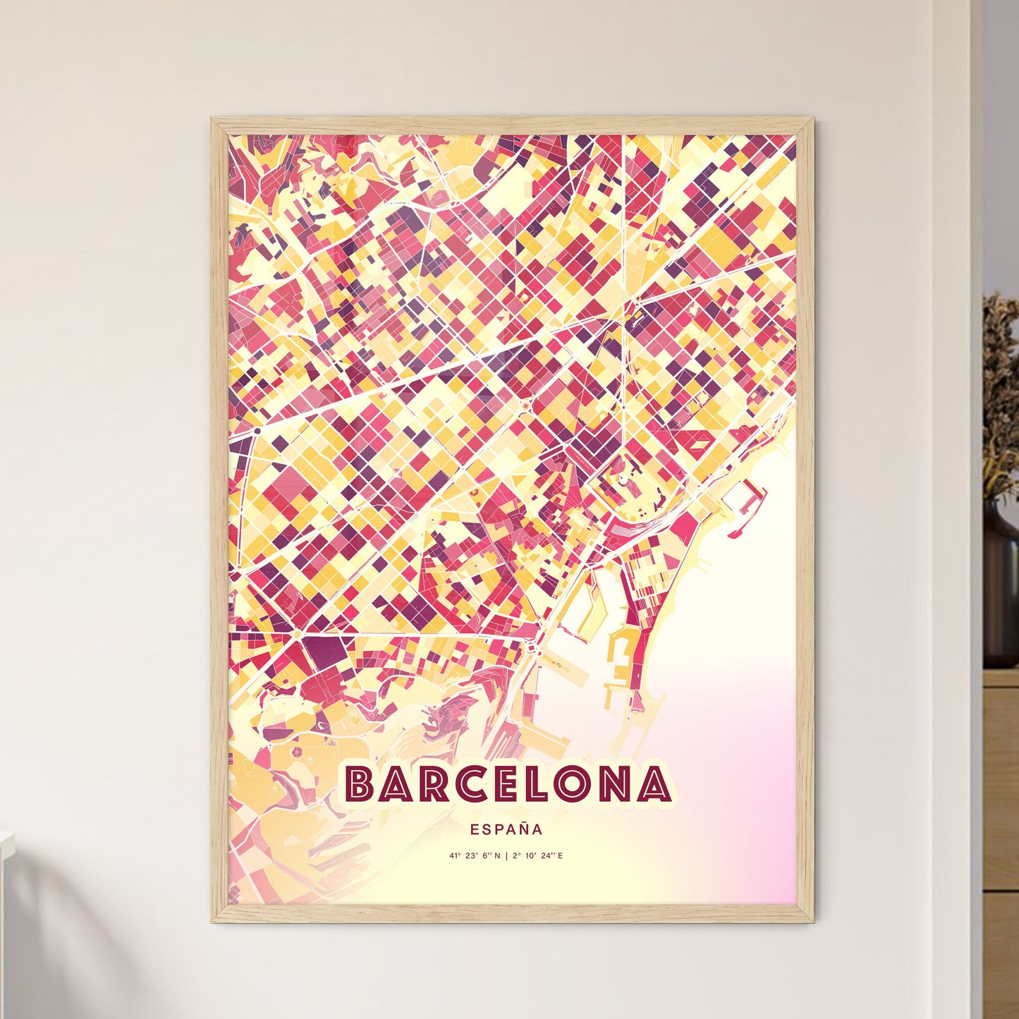 Colorful Barcelona Spain Fine Art Map Hot Red