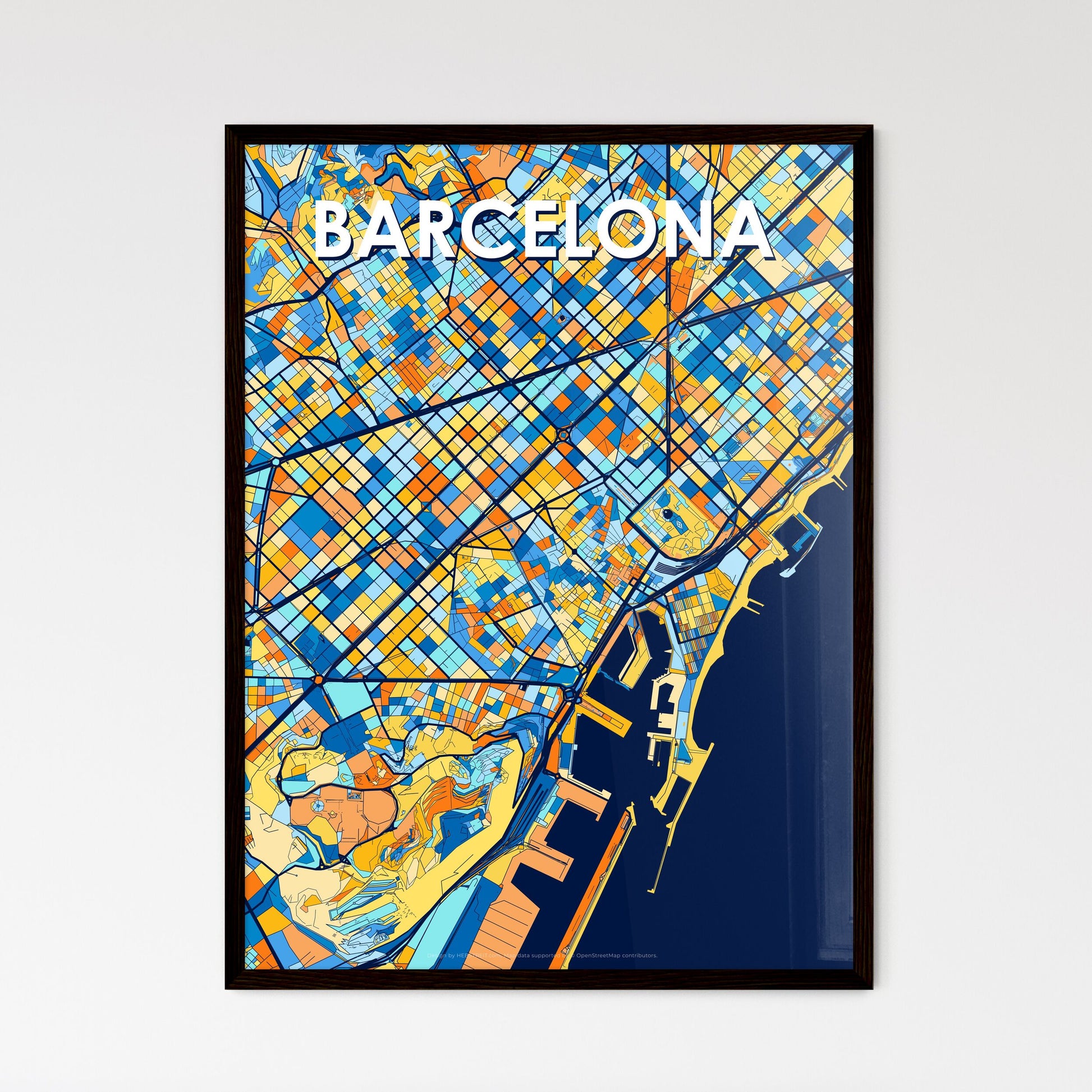 BARCELONA SPAIN Vibrant Colorful Art Map Poster Blue Orange