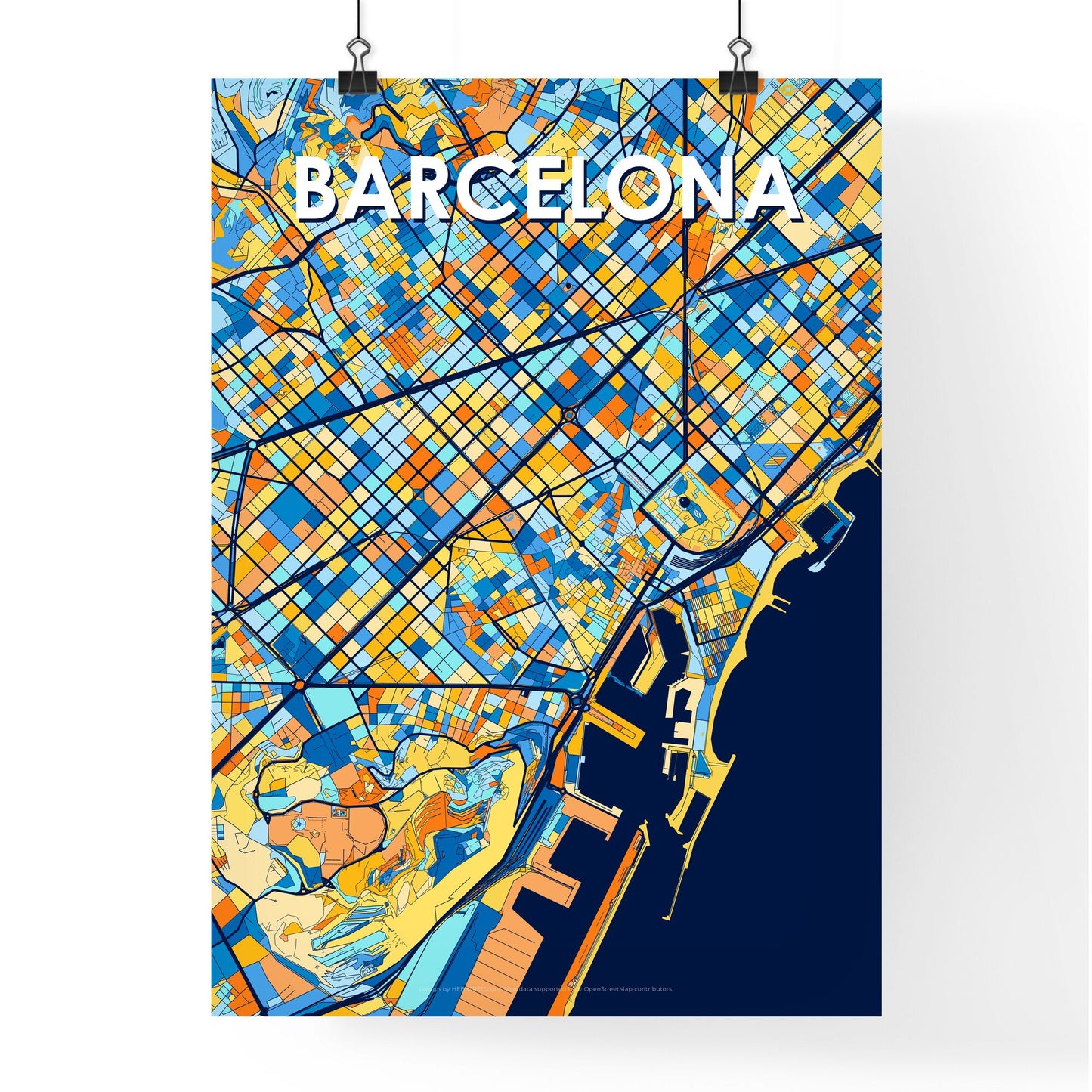 BARCELONA SPAIN Vibrant Colorful Art Map Poster Blue Orange