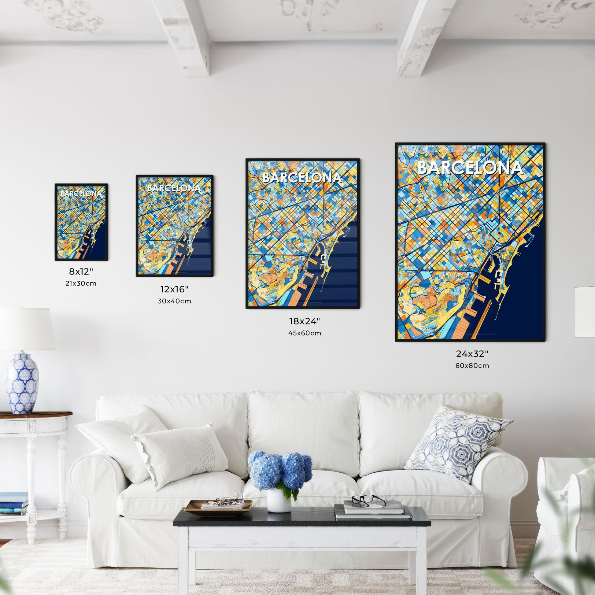 BARCELONA SPAIN Vibrant Colorful Art Map Poster Blue Orange