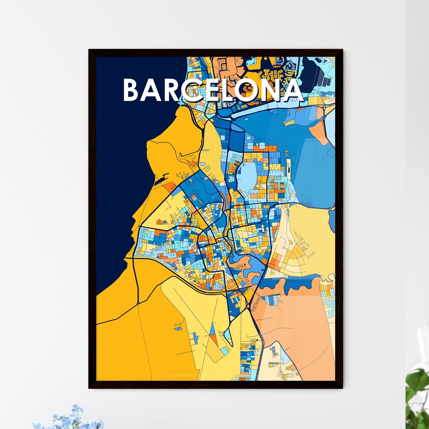 BARCELONA VENEZUELA Vibrant Colorful Art Map Poster Blue Orange