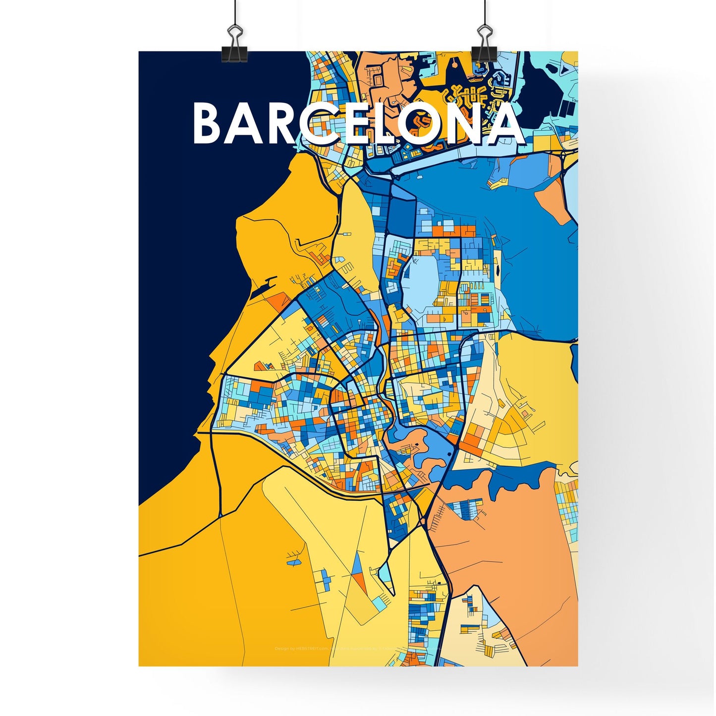 BARCELONA VENEZUELA Vibrant Colorful Art Map Poster Blue Orange