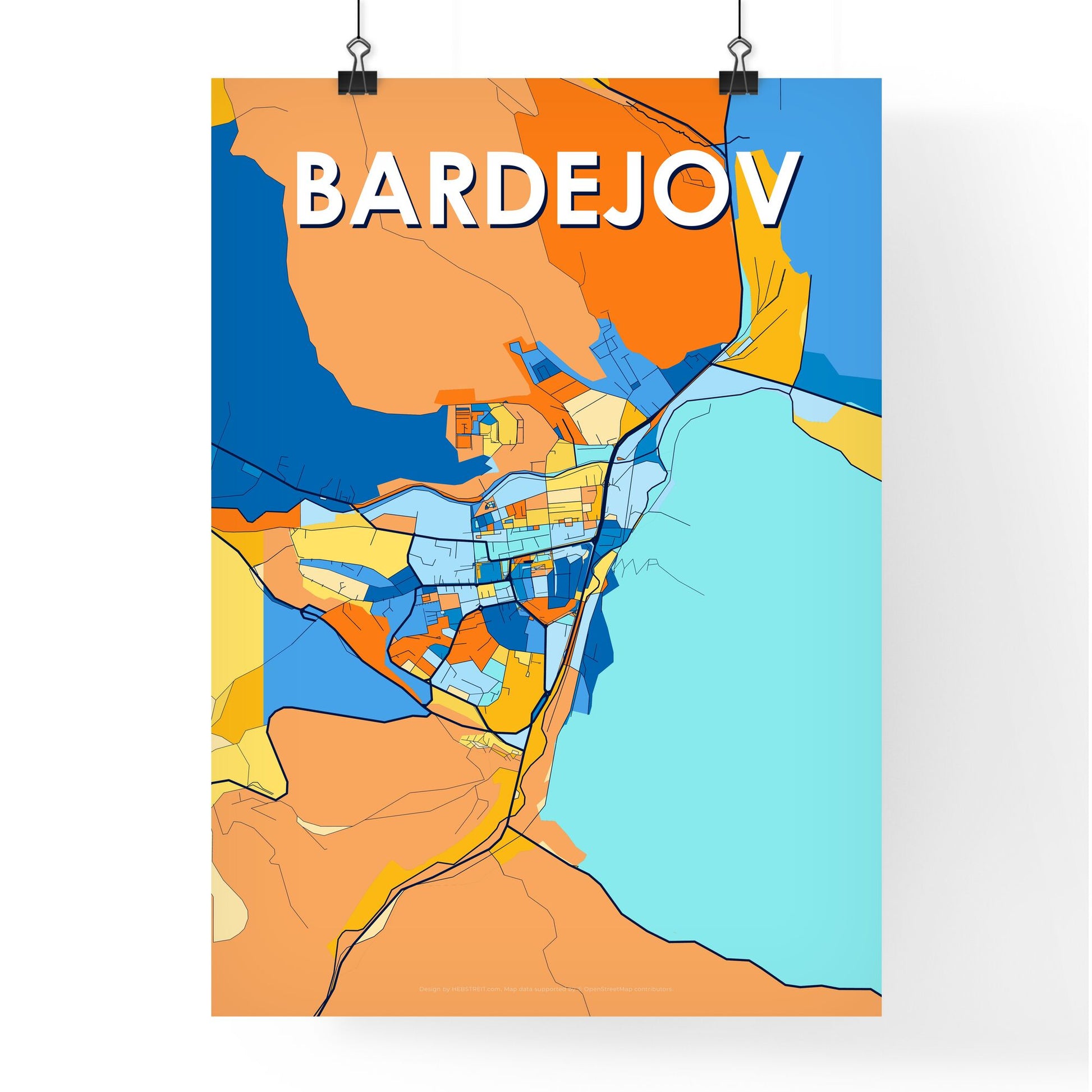 BARDEJOV SLOVAKIA Vibrant Colorful Art Map Poster Blue Orange