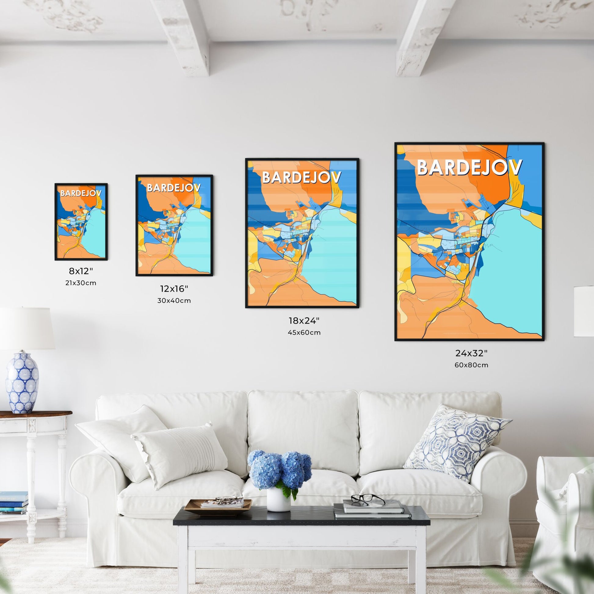 BARDEJOV SLOVAKIA Vibrant Colorful Art Map Poster Blue Orange