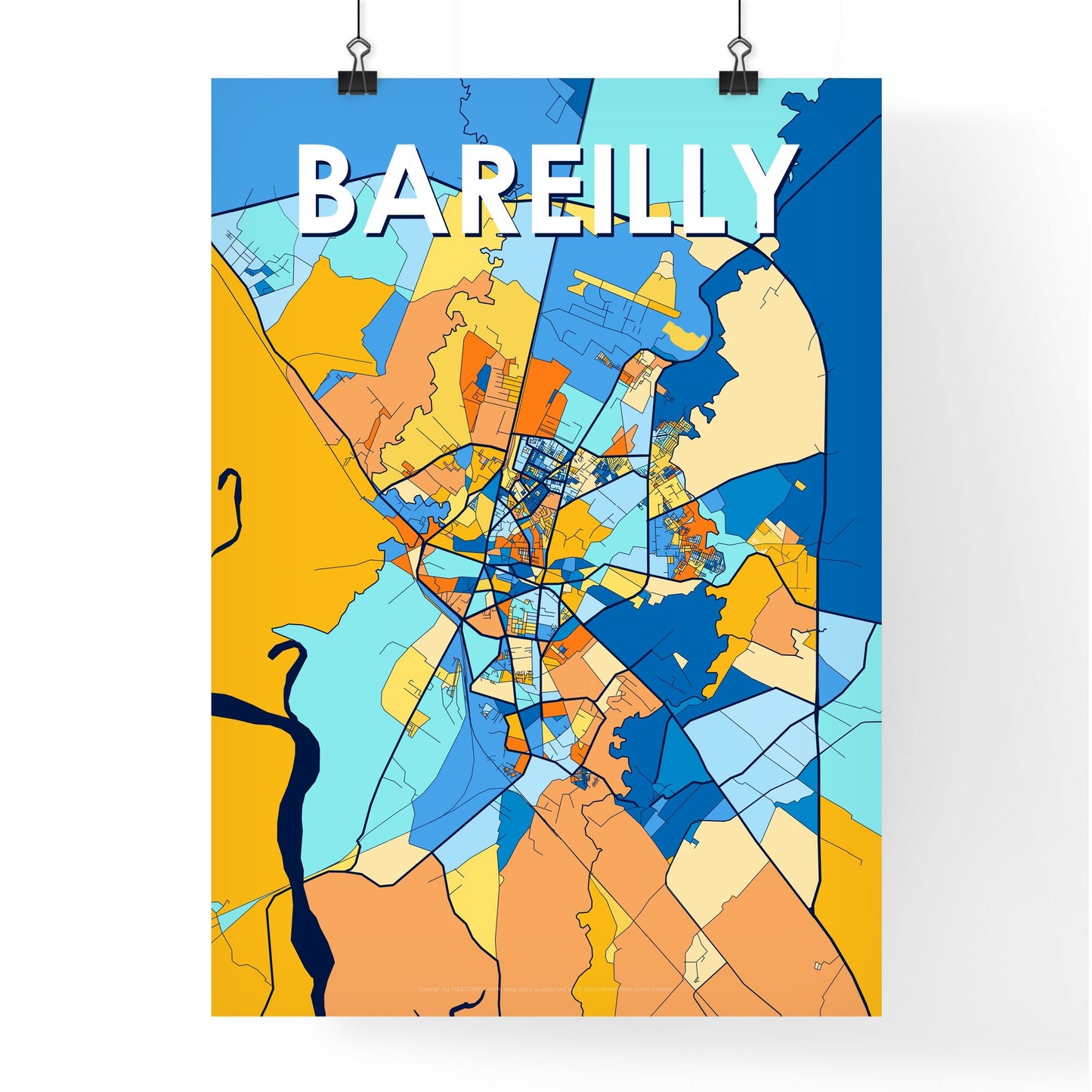 BAREILLY INDIA Vibrant Colorful Art Map Poster Blue Orange