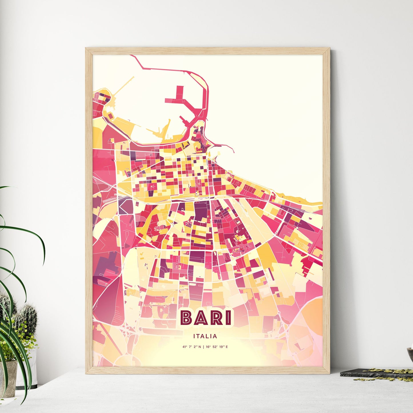 Colorful Bari Italy Fine Art Map Hot Red