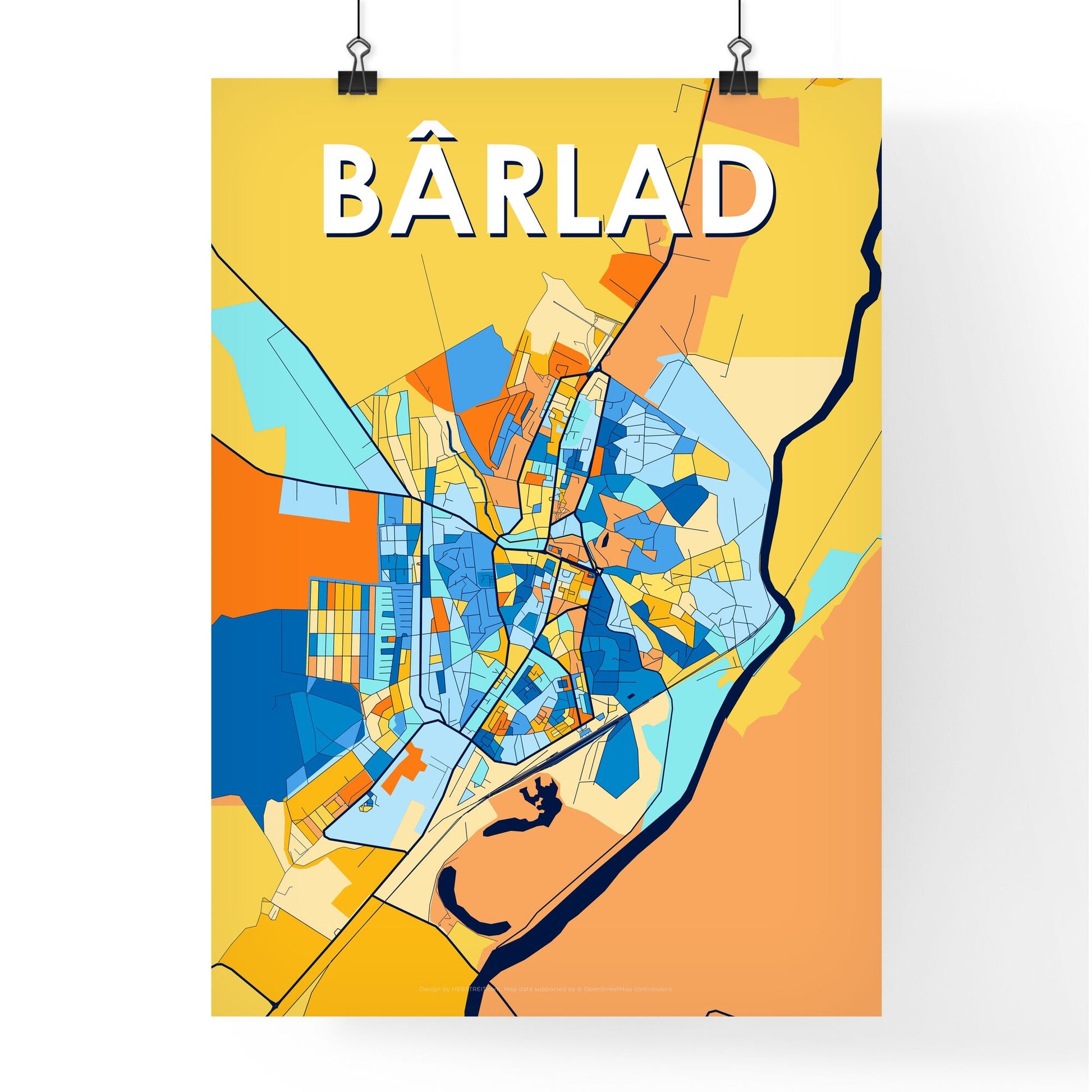 BÂRLAD ROMANIA Vibrant Colorful Art Map Poster Blue Orange