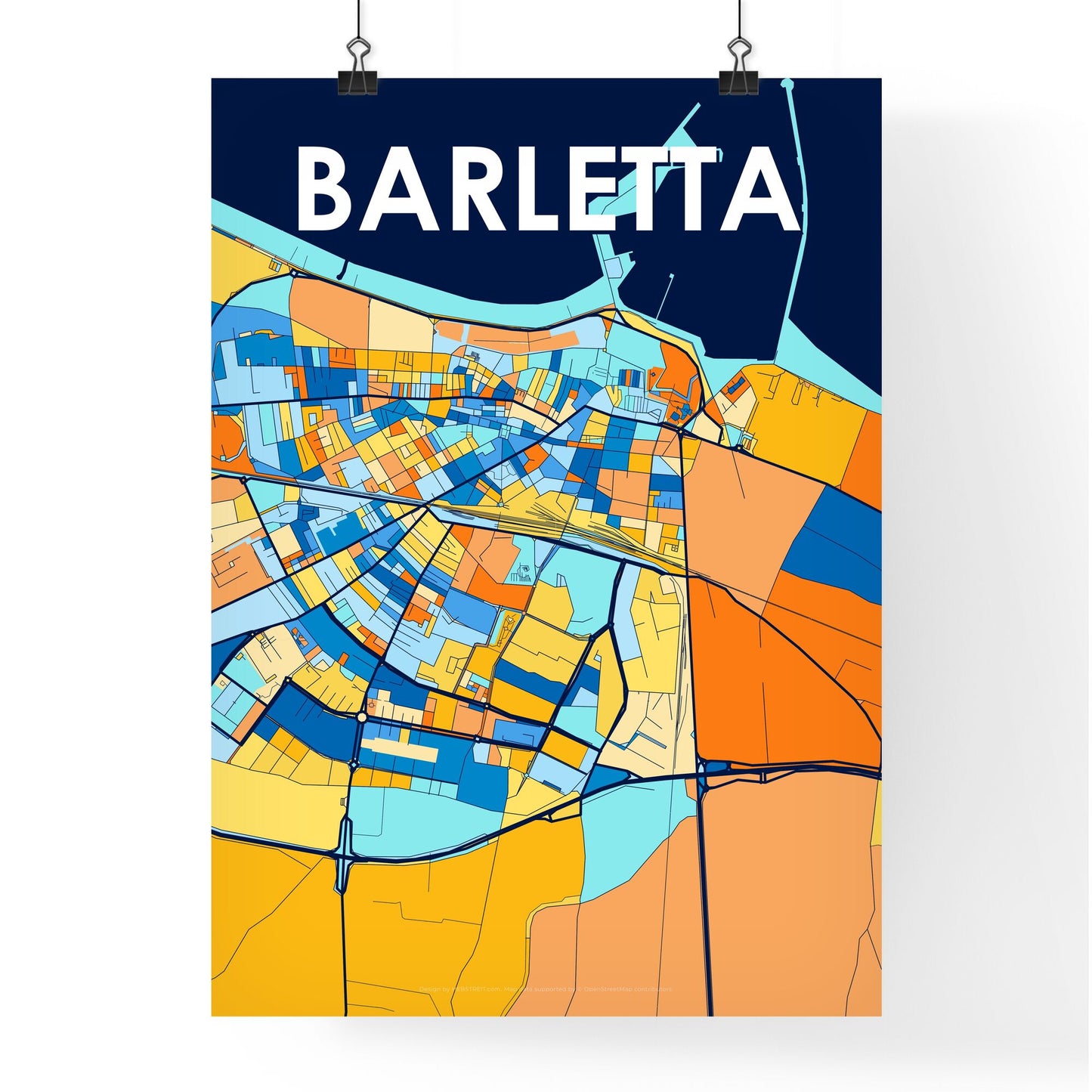 BARLETTA ITALY Vibrant Colorful Art Map Poster Blue Orange