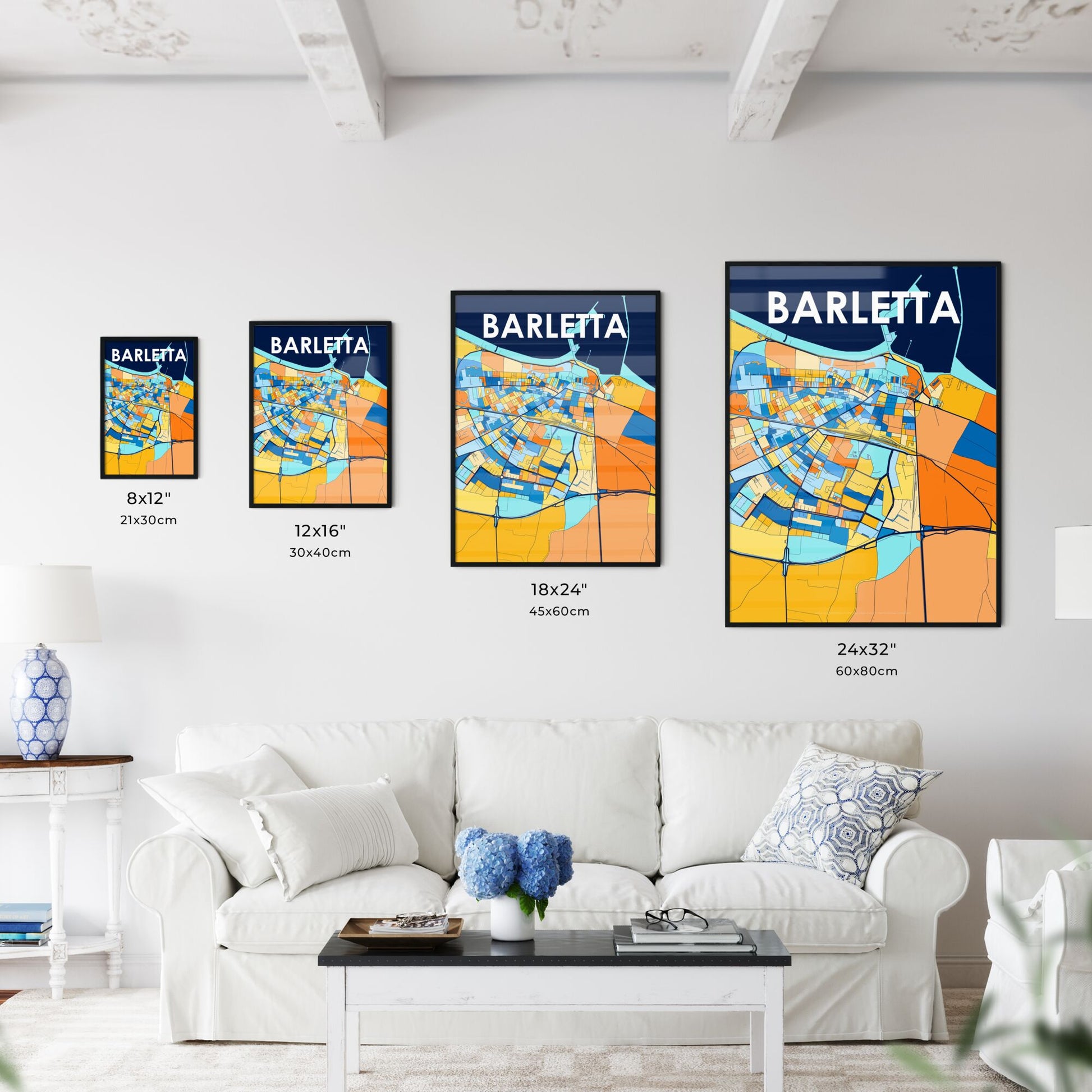 BARLETTA ITALY Vibrant Colorful Art Map Poster Blue Orange