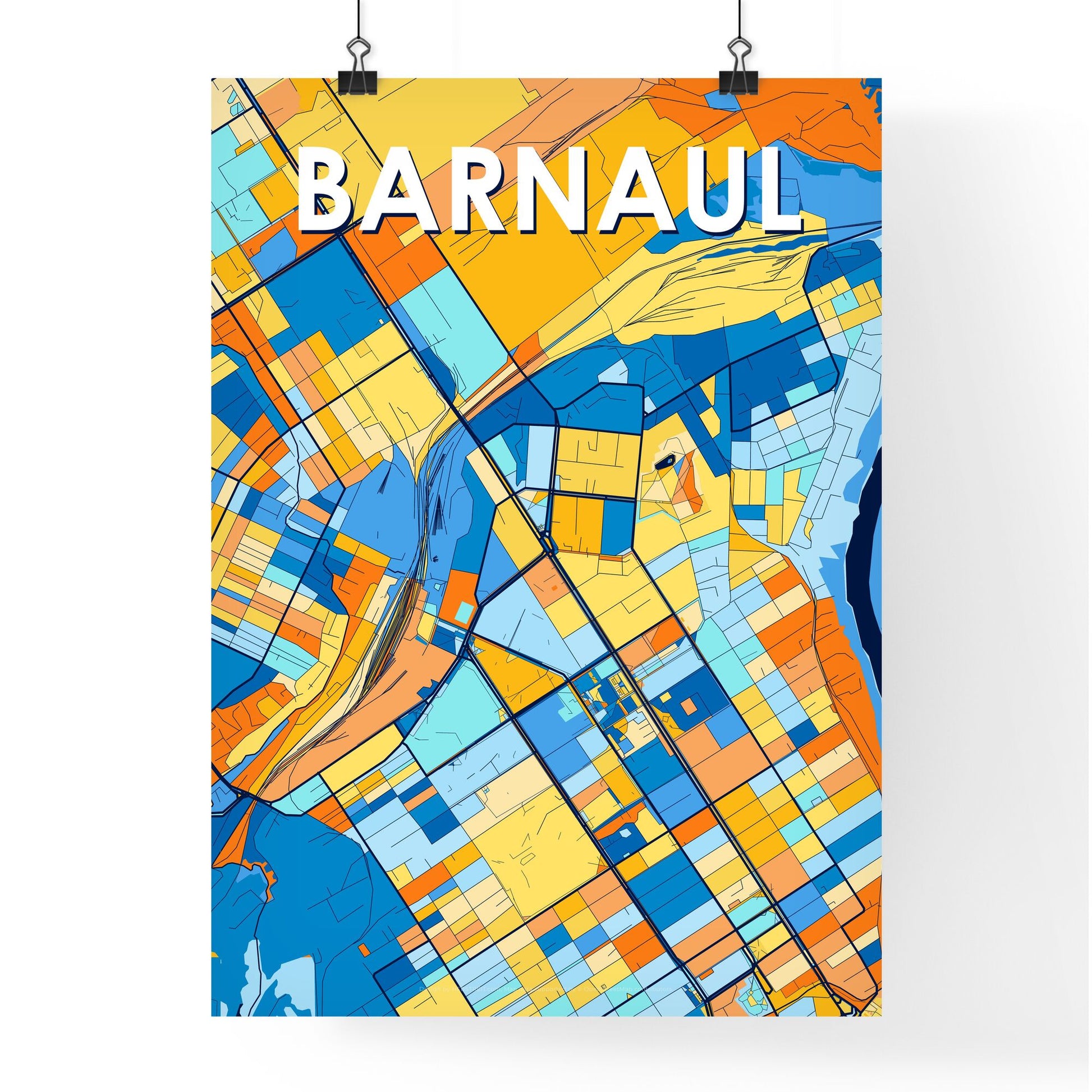 BARNAUL RUSSIA Vibrant Colorful Art Map Poster Blue Orange