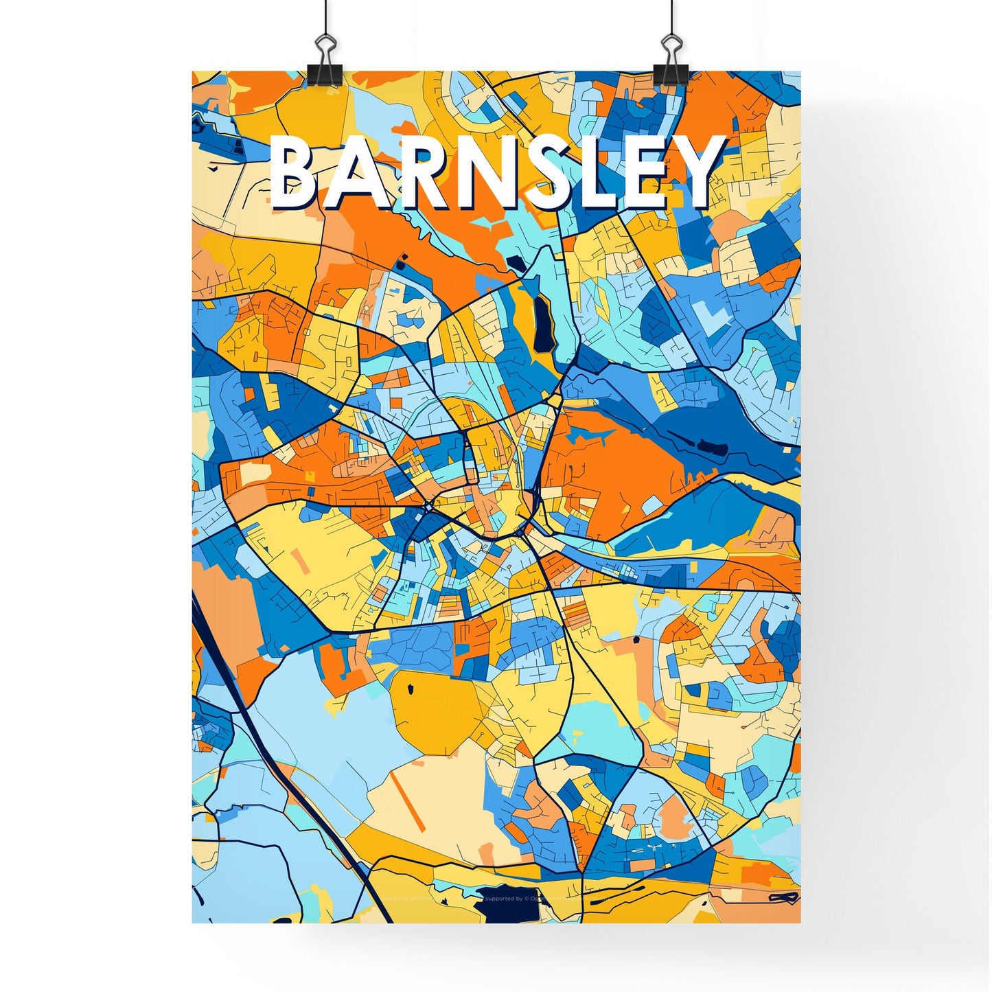 BARNSLEY ENGLAND Vibrant Colorful Art Map Poster Blue Orange