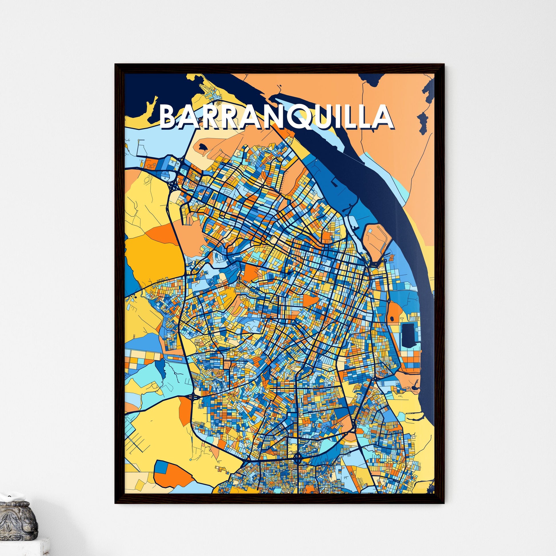 BARRANQUILLA COLOMBIA Vibrant Colorful Art Map Poster Blue Orange