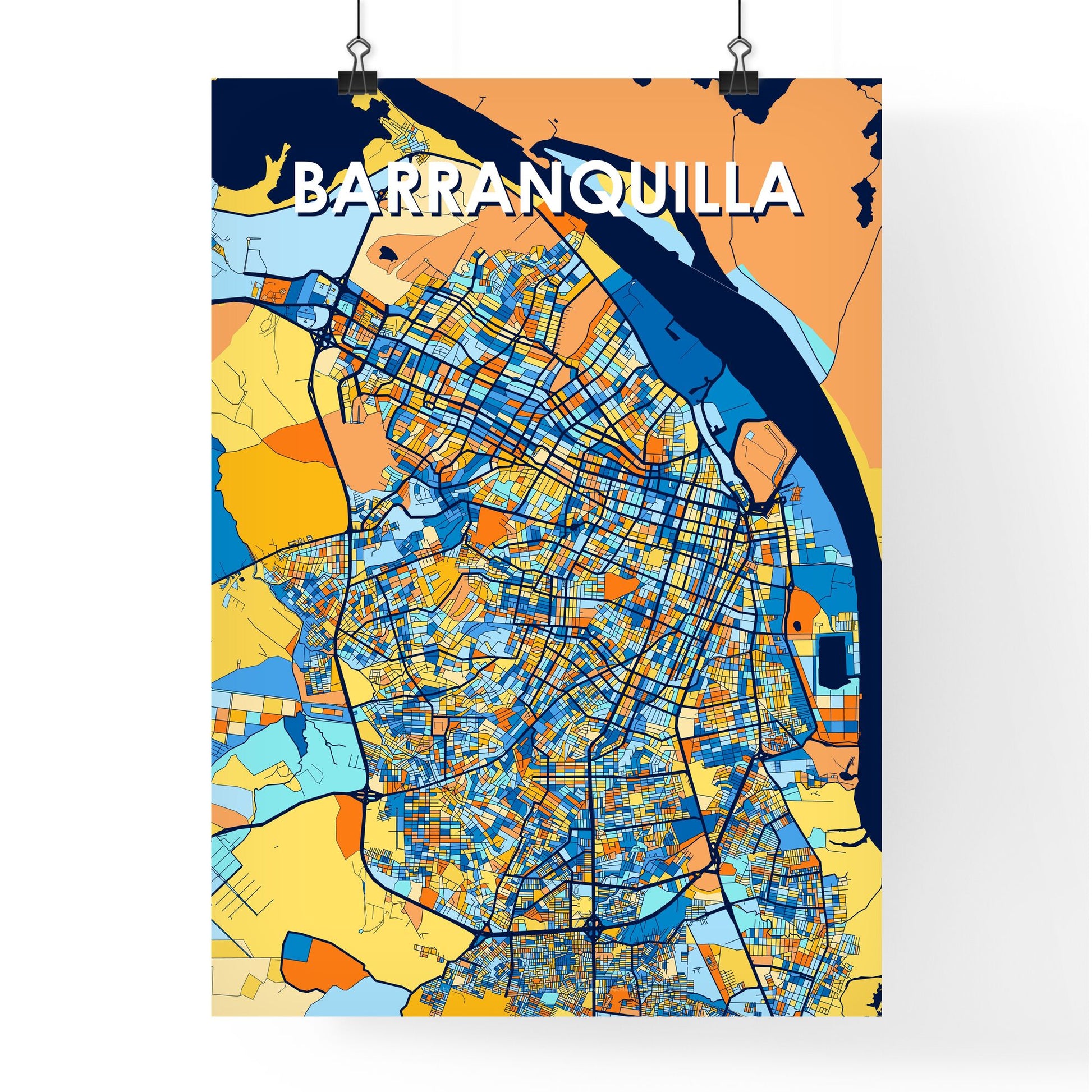 BARRANQUILLA COLOMBIA Vibrant Colorful Art Map Poster Blue Orange