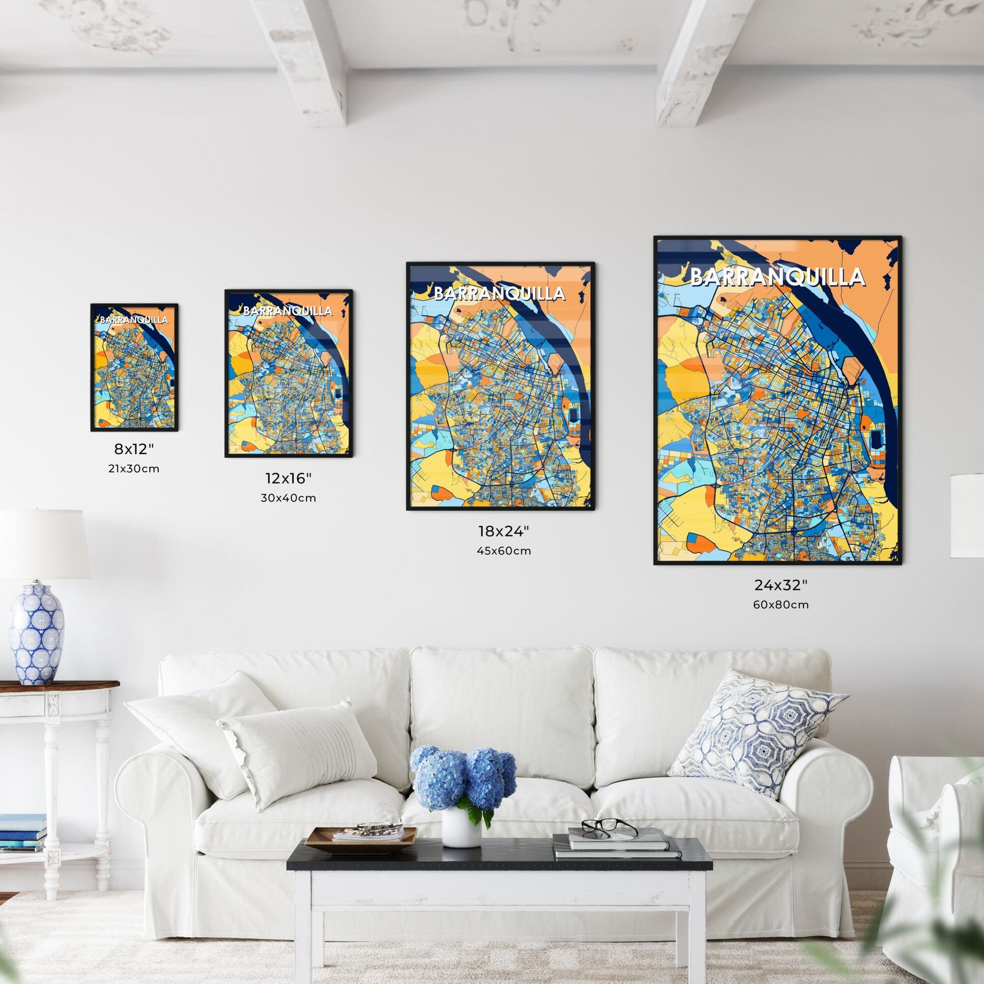 BARRANQUILLA COLOMBIA Vibrant Colorful Art Map Poster Blue Orange