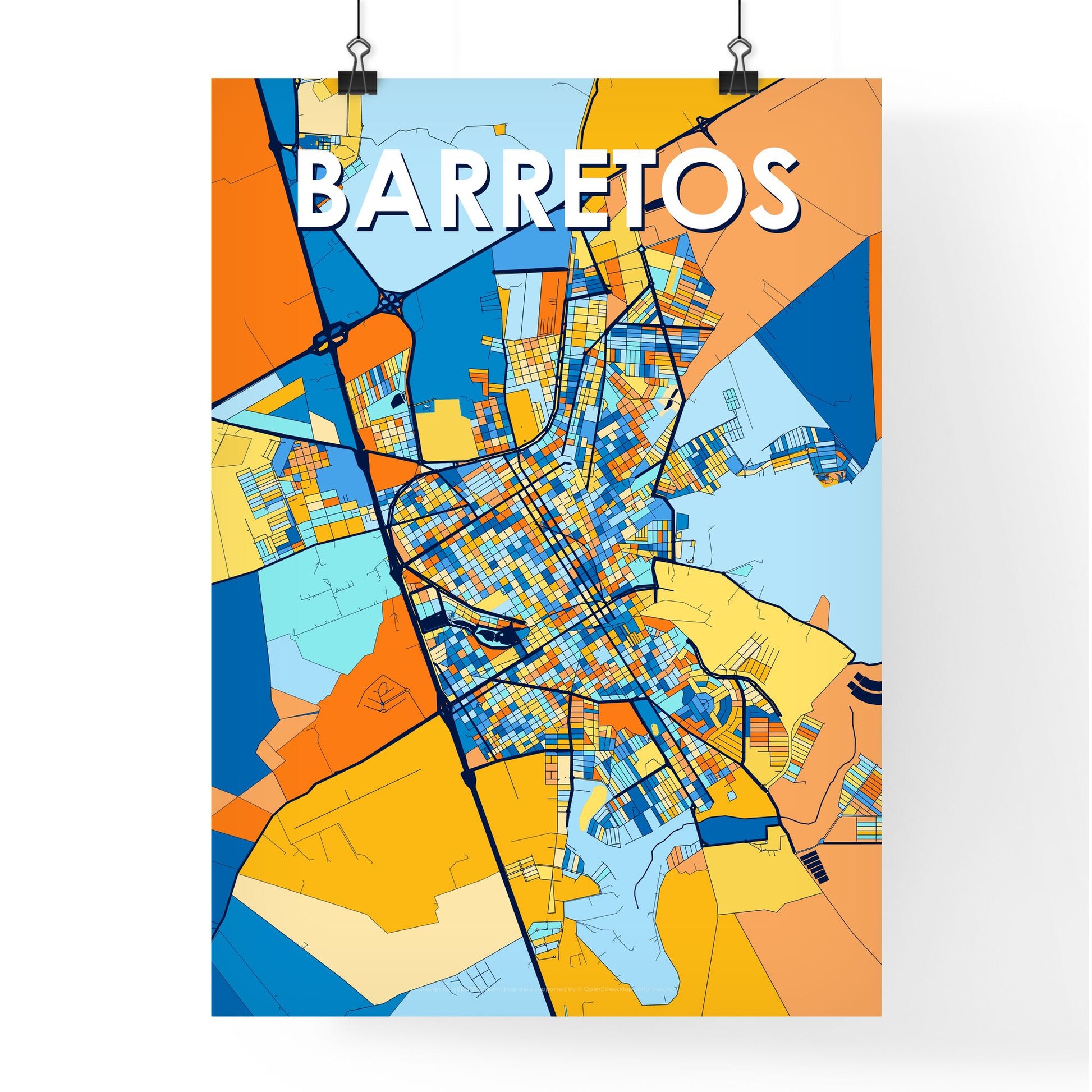 BARRETOS BRAZIL Vibrant Colorful Art Map Poster Blue Orange