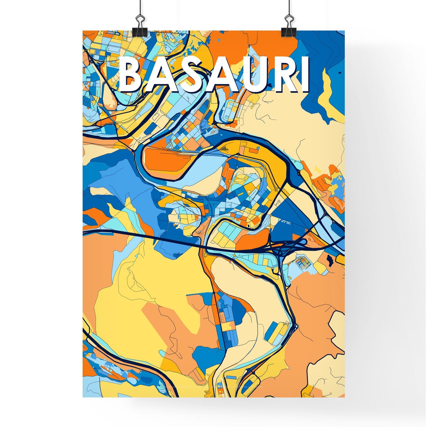 BASAURI SPAIN Vibrant Colorful Art Map Poster Blue Orange