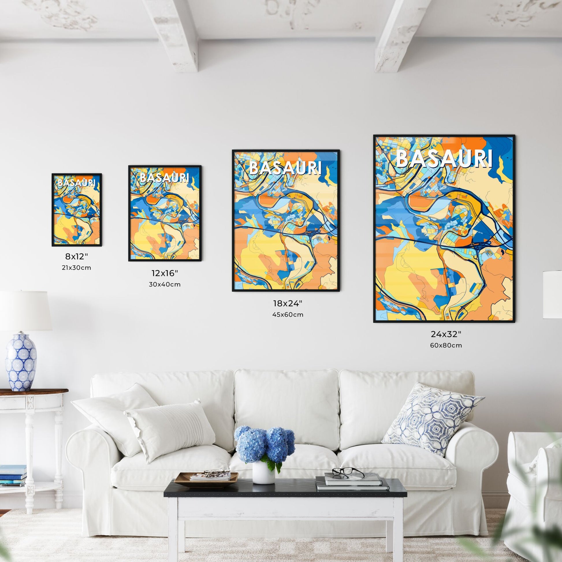 BASAURI SPAIN Vibrant Colorful Art Map Poster Blue Orange