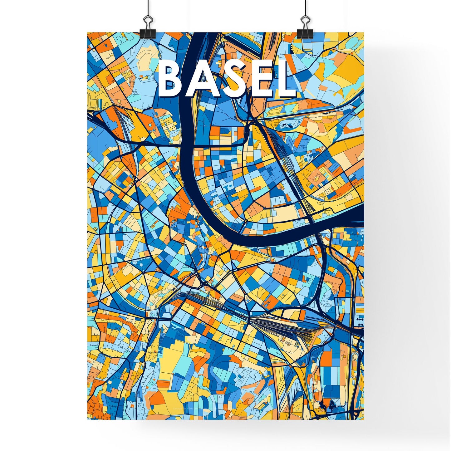 BASEL SWITZERLAND Vibrant Colorful Art Map Poster Blue Orange