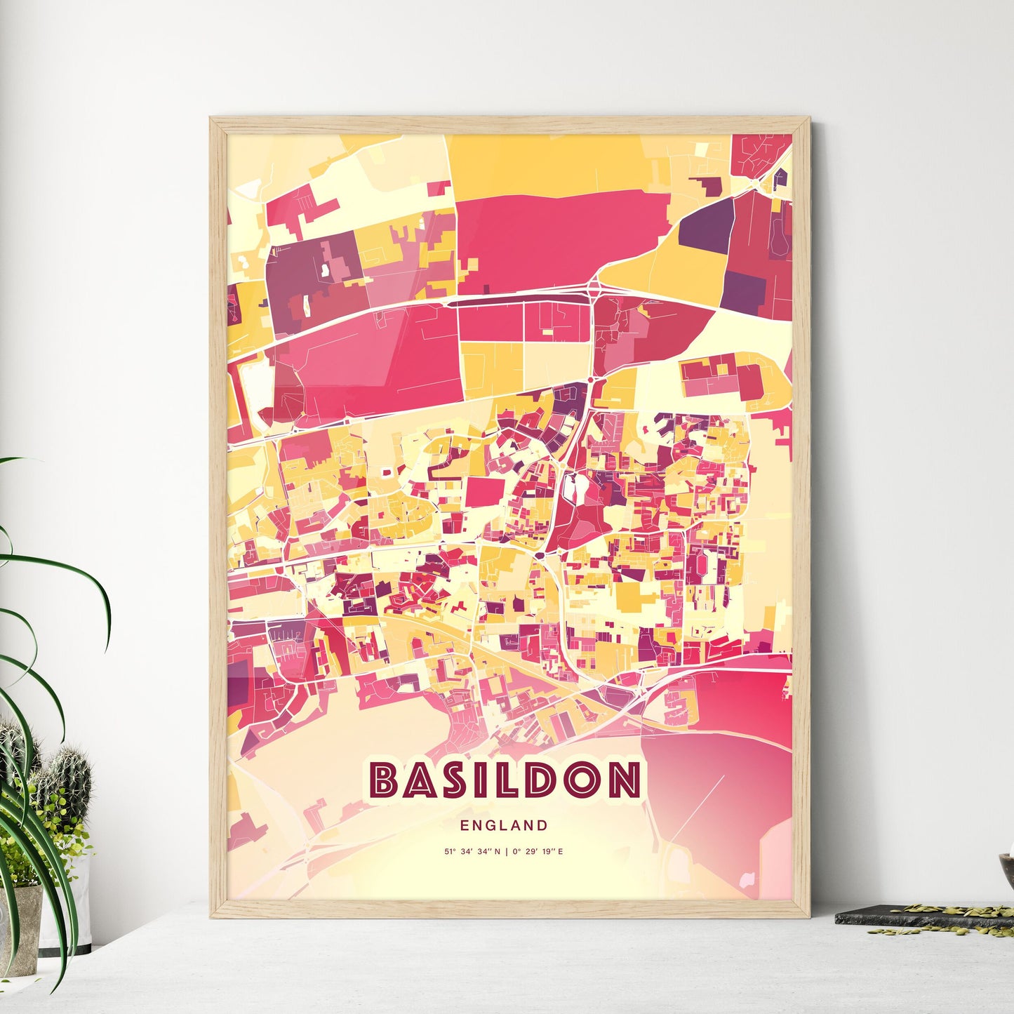 Colorful Basildon England Fine Art Map Hot Red