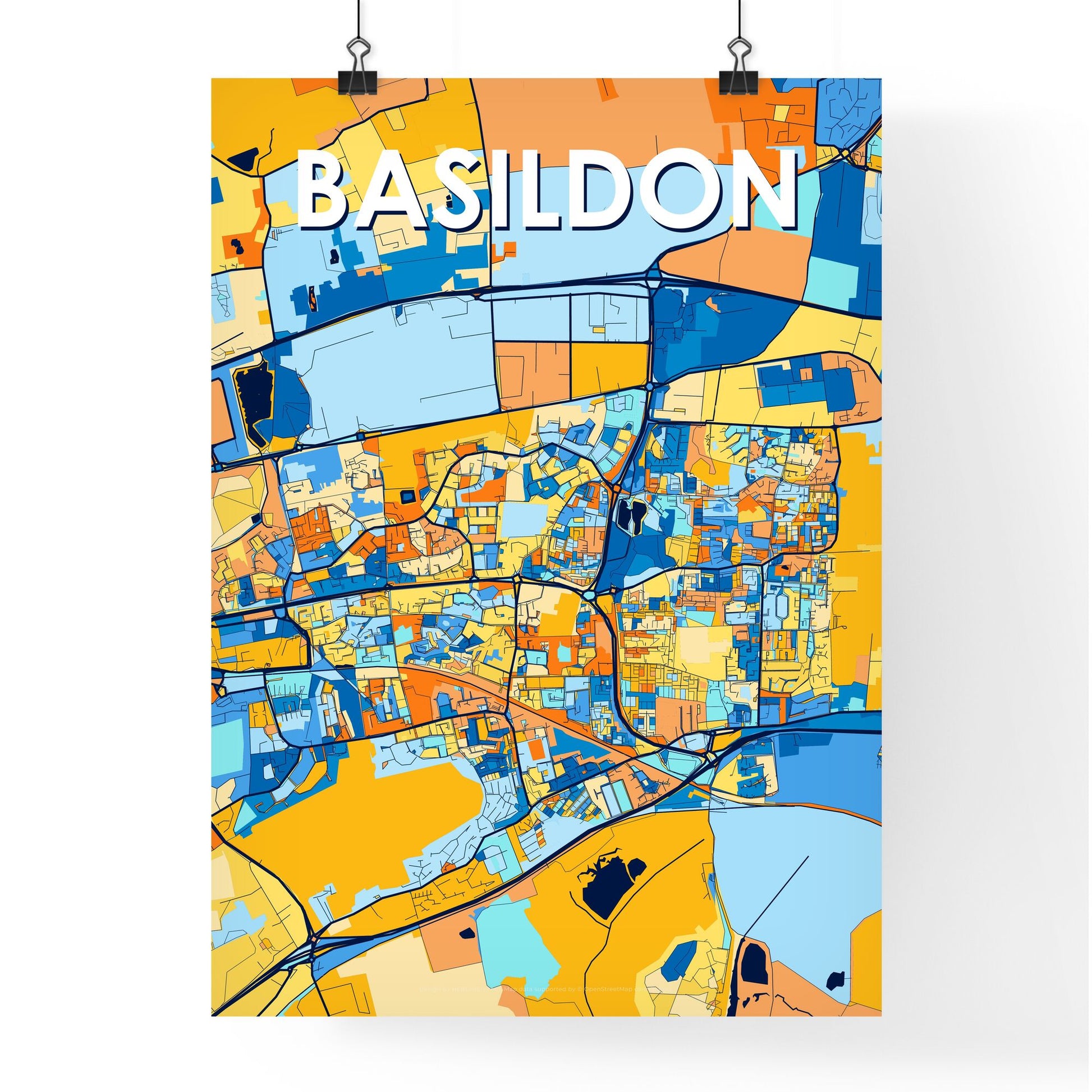 BASILDON ENGLAND Vibrant Colorful Art Map Poster Blue Orange