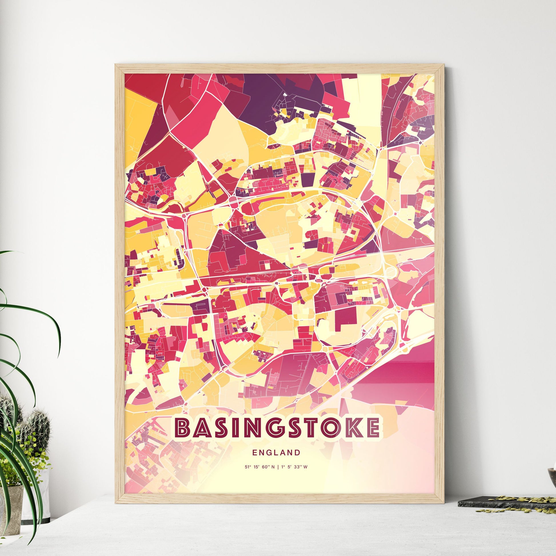 Colorful Basingstoke England Fine Art Map Hot Red